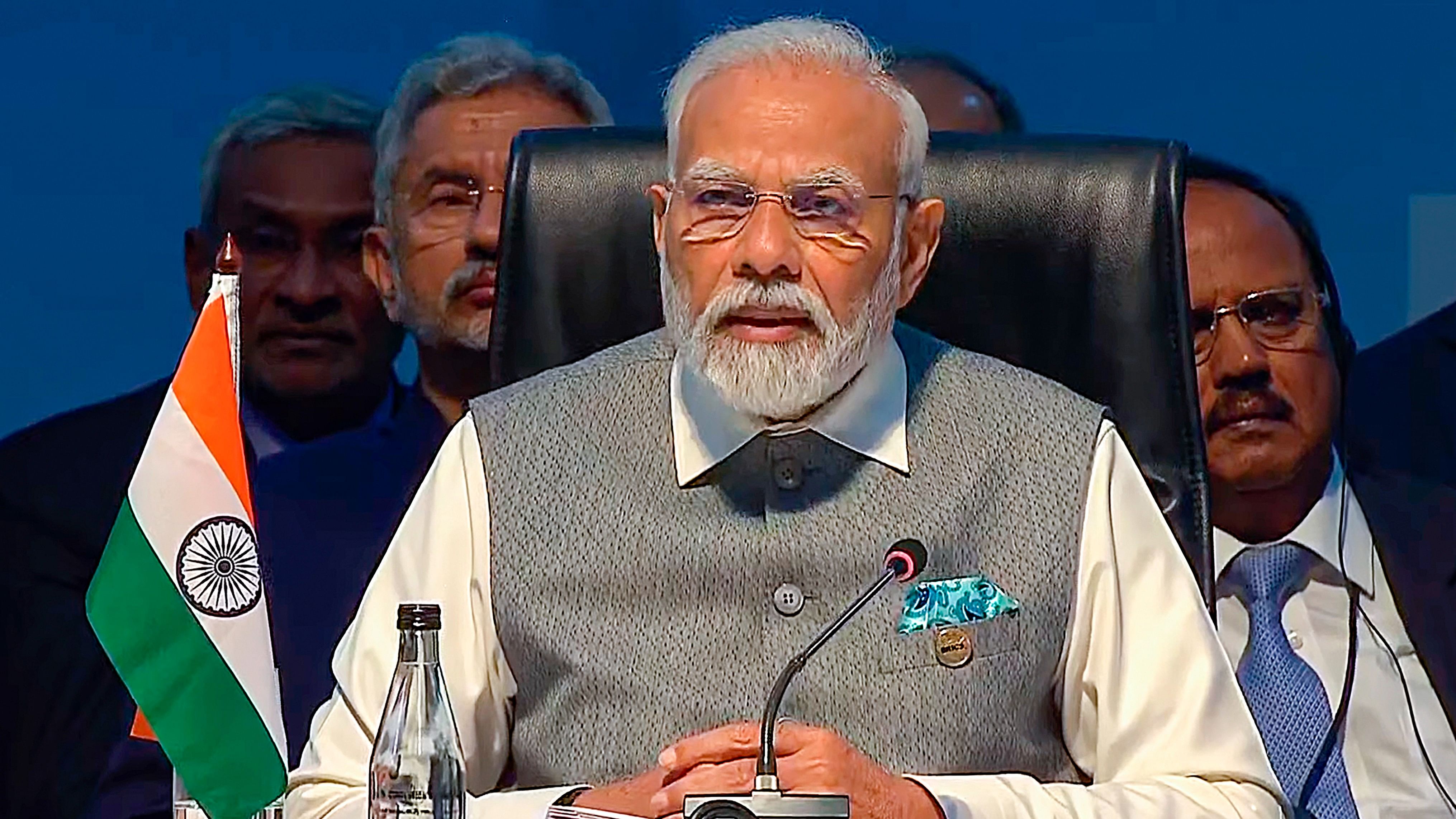 <div class="paragraphs"><p>Prime Minister Narendra Modi addresses a session at the 15th BRICS Summit, in Johannesburg, South Africa, Thursday, Aug. 24, 2023.</p></div>