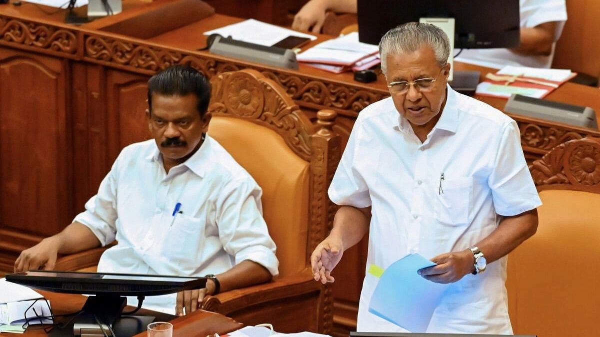 <div class="paragraphs"><p>Kerala Chief Minister Pinarayi Vijayan addresses the Assembly session, in Thiruvananthapuram, Tuesday, Aug. 8, 2023. State cabinet minister K. Radhakrishnan is also seen.</p></div>