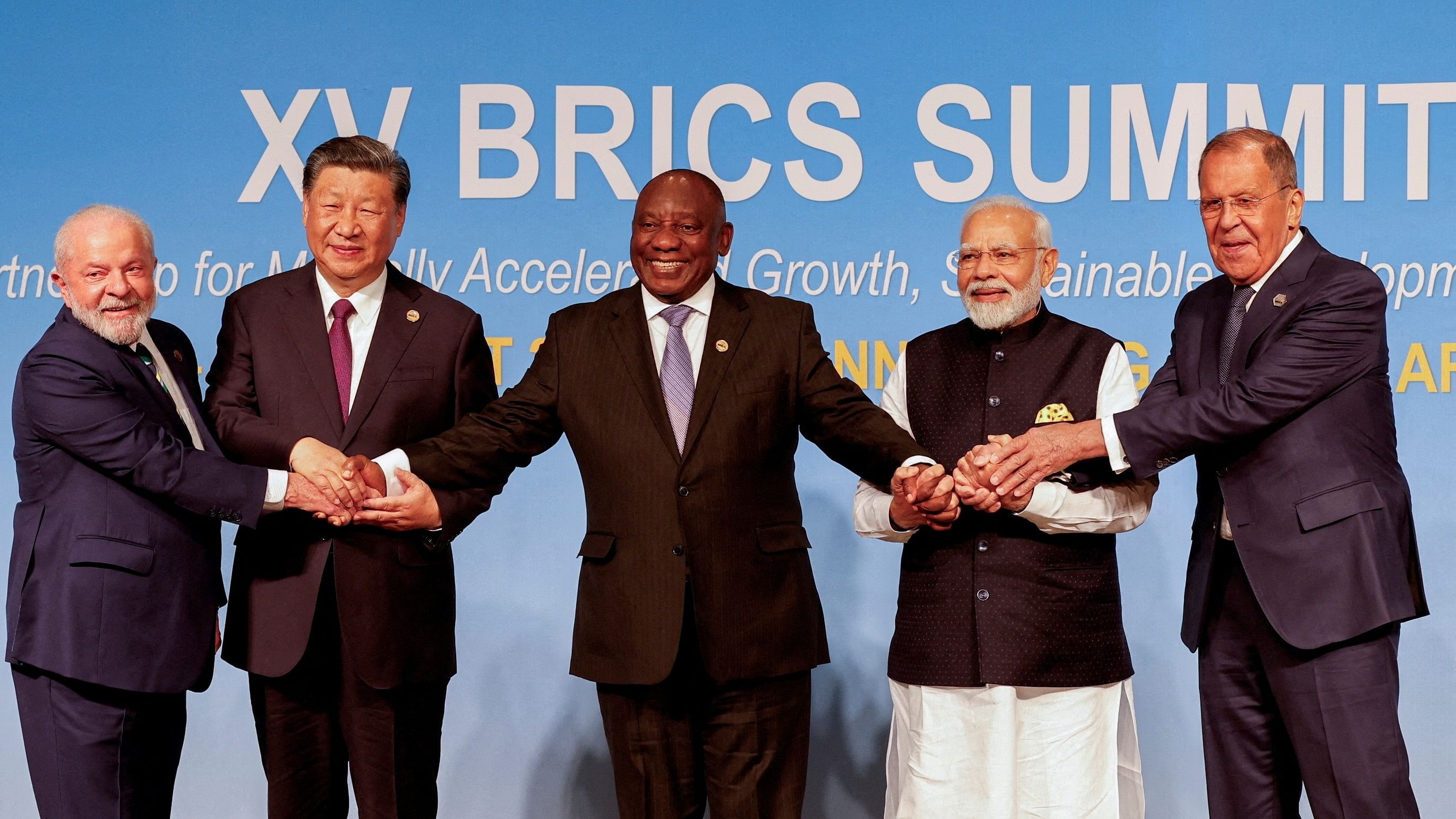 <div class="paragraphs"><p>Brazil President Luiz Inacio Lula da Silva, China President Xi Jinping, South African President Cyril Ramaphosa, Prime Minister Narendra Modi and Russia’s Foreign Minister Sergey Lavrov at the BRICS Summit held in Johannesburg, South Africa. </p></div>