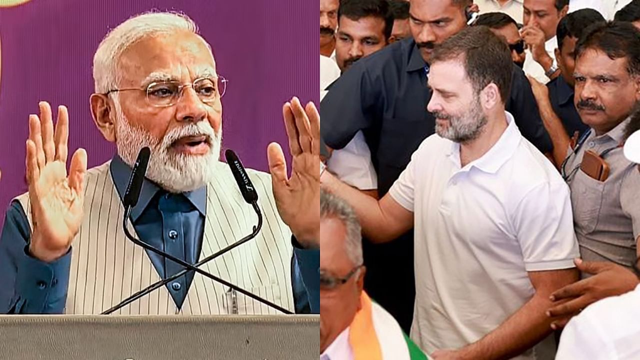 <div class="paragraphs"><p>Prime Minister Narendra Modi speaks during the foundation stone laying ceremony of a memorial of Sant Ravidas, in Sagar and&nbsp;Rahul Gandhi being welcomed by Congress leaders.</p></div>