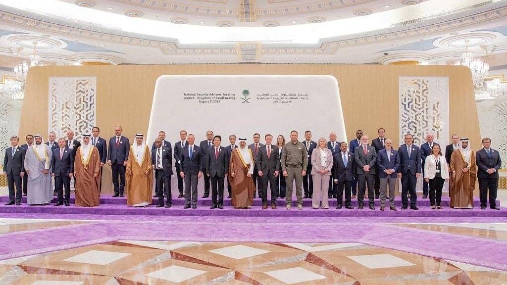 <div class="paragraphs"><p>Representatives from more than 40 countries including China, India, and the US, pose for a family picture as they attend talks in Jeddah, Saudi Arabia, August 6, 2023, to make a headway towards a peaceful end to Russia's war in Ukraine.   </p></div>