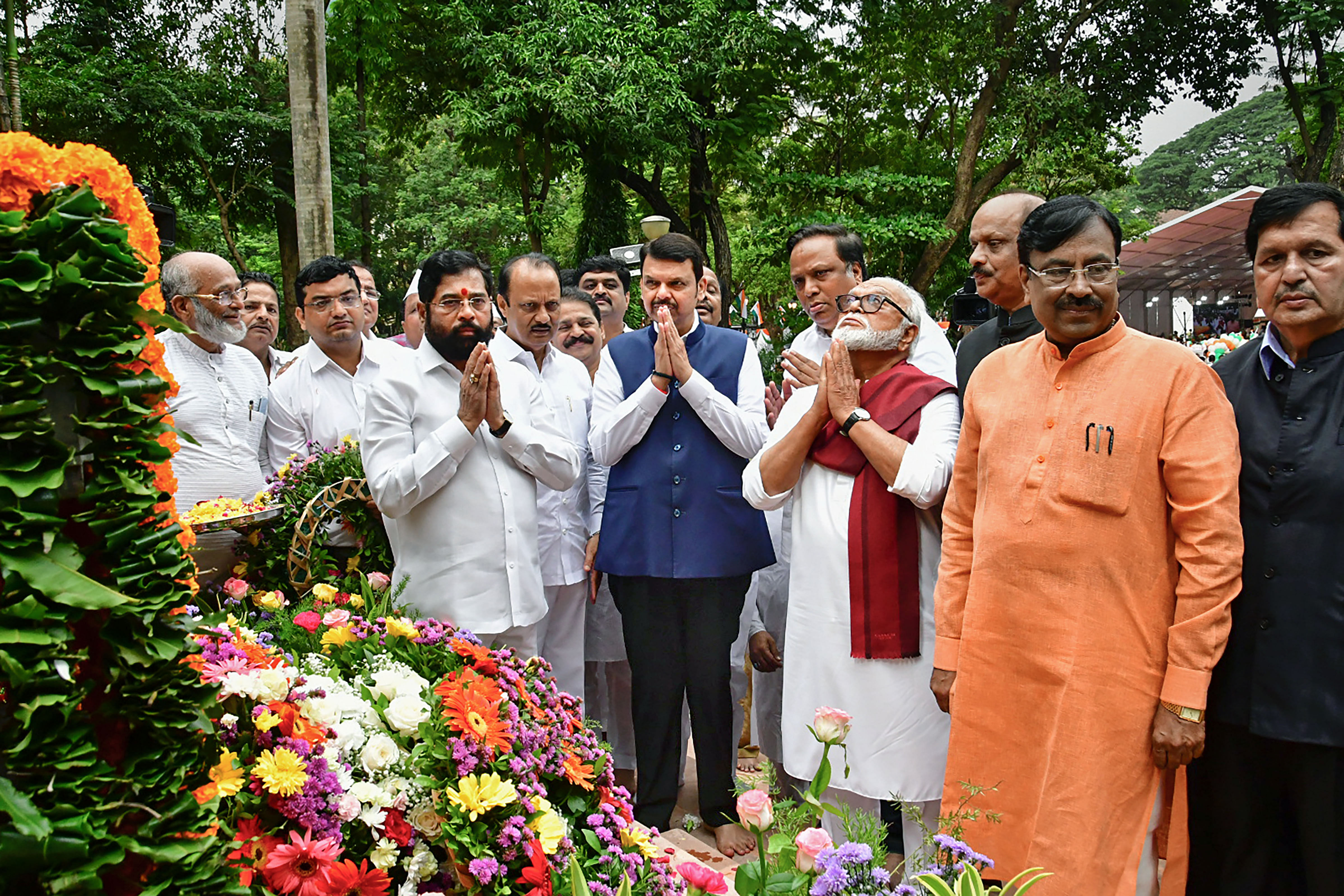 <div class="paragraphs"><p>Mumbai: Maharashtra Chief Minister Eknath Shinde along with Deputy Chief Ministers Devendra Fadnavis and Ajit Pawar pay tribute at the Gandhi Smriti Stambh on the occasion of Quit India Movement Day, at August Kranti Maidan in Mumbai, Wednesday, Aug. 9, 2023. </p></div>