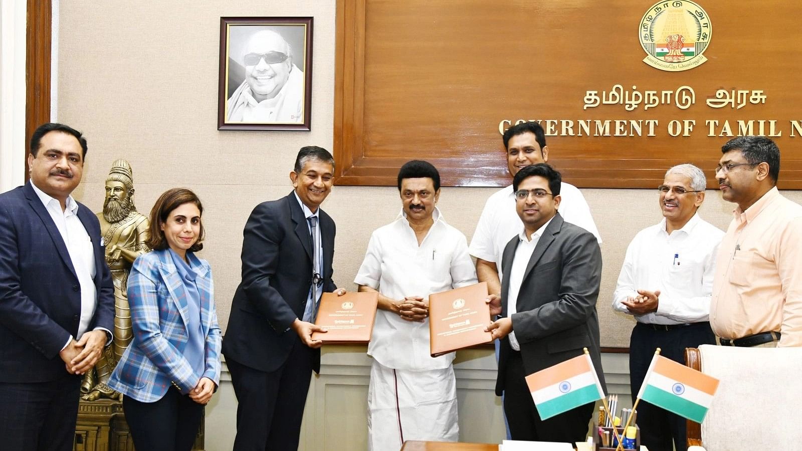 <div class="paragraphs"><p> Godrej Consumer Products Limited signs a MoU with the Tamil Nadu Government for setting up a manufacturing unit in the state on Thursday in the presence Tamil Nadu Chief Minister M K Stalin, GCPL Executive Chairperson Nisaba Godrej and senior officials from the state government.  </p></div>