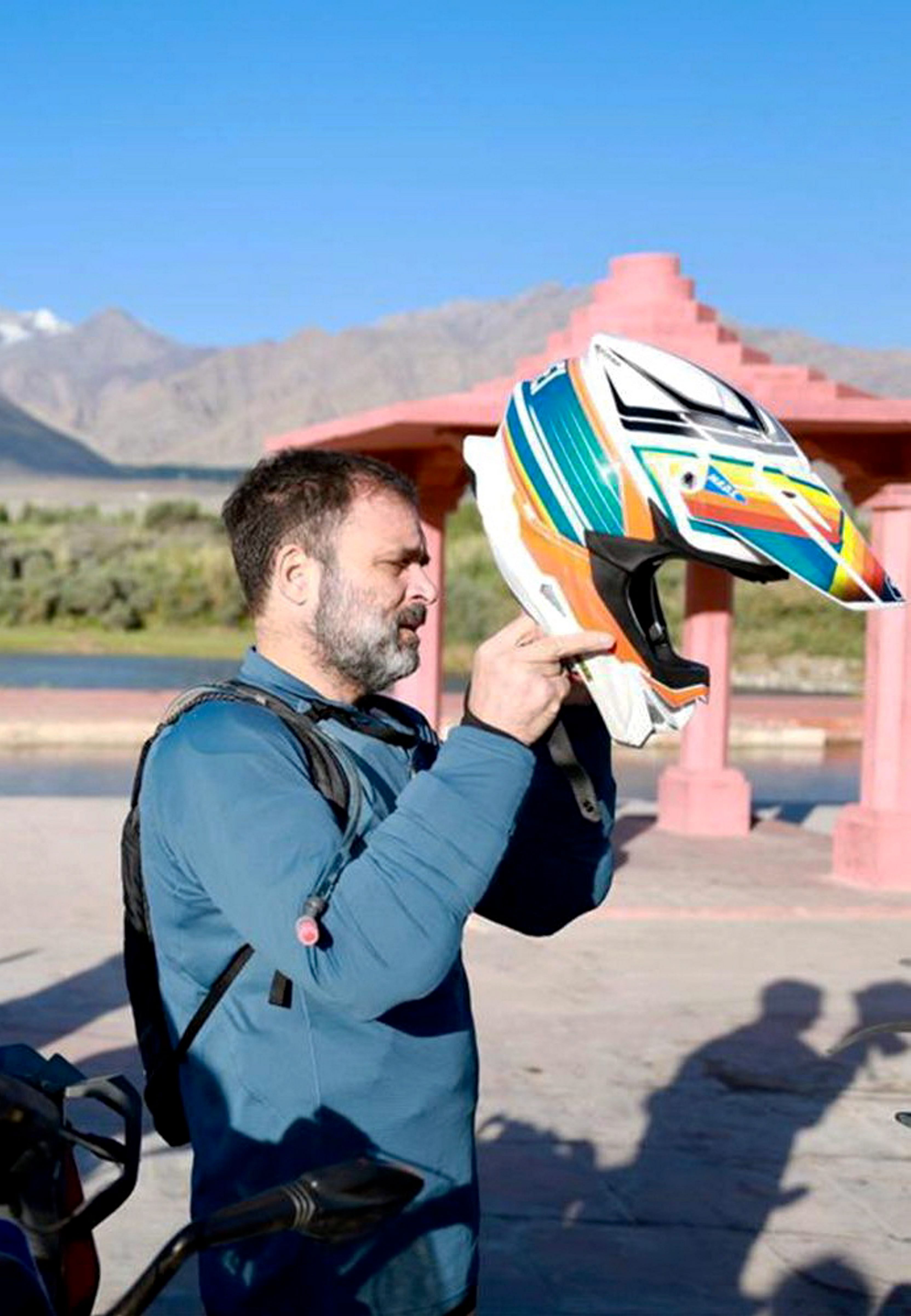 <div class="paragraphs"><p>Congress leader Rahul Gandhi rides a bike to Pangong Lake in Leh, Saturday, Aug. 19, 2023. </p></div>