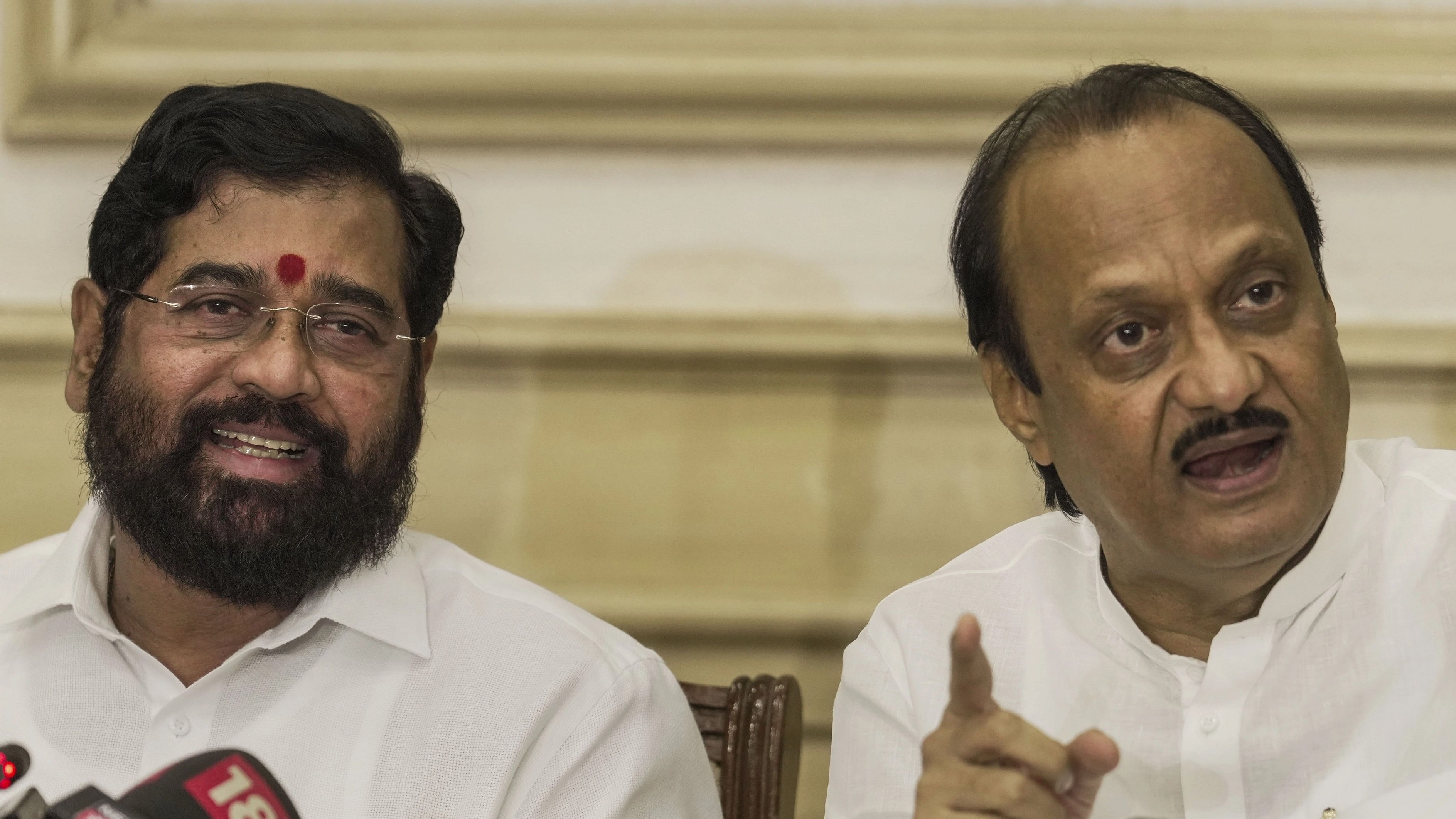 <div class="paragraphs"><p>Maharashtra Chief Minister Eknath Shinde and Deputy Chief Minister Ajit Pawar address a press conference, in Mumbai, Tuesday, Aug. 22, 2023.</p></div>