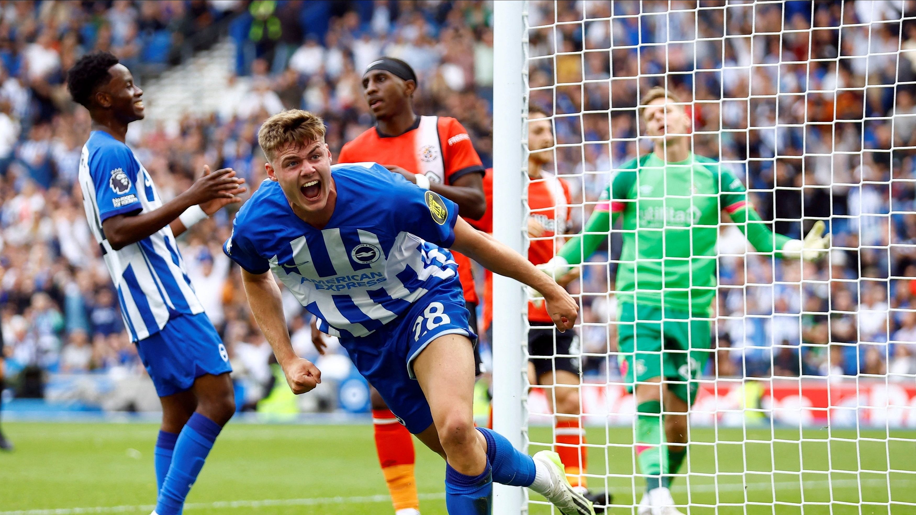 <div class="paragraphs"><p> Brighton &amp; Hove Albion's Evan Ferguson celebrates scoring their fourth goal.</p></div>