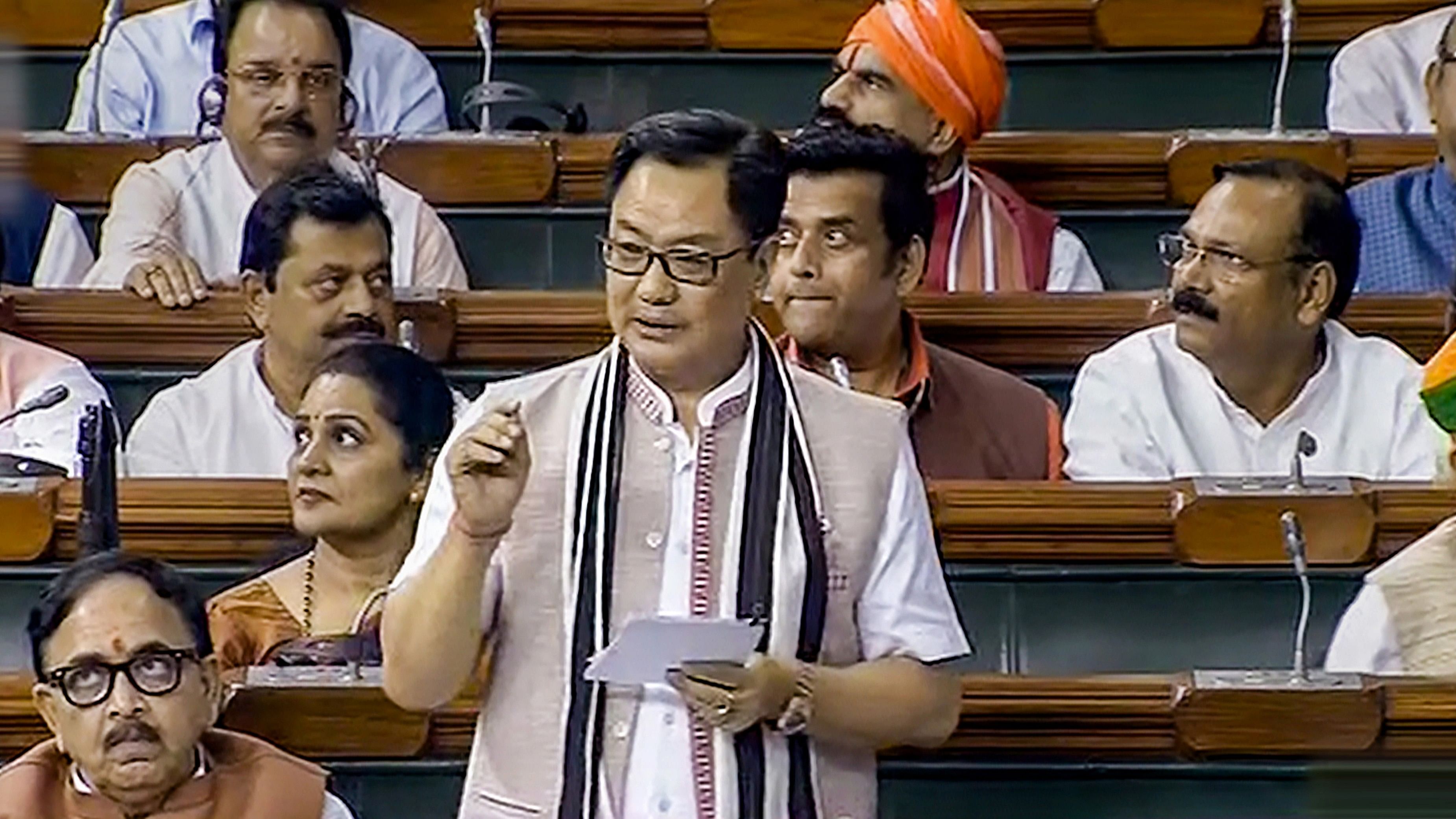 <div class="paragraphs"><p>Union Minister for Earth Sciences Kiren Rijiju speaks in the Lok Sabha during the ongoing Monsoon session of Parliament, in New Delhi. </p></div>
