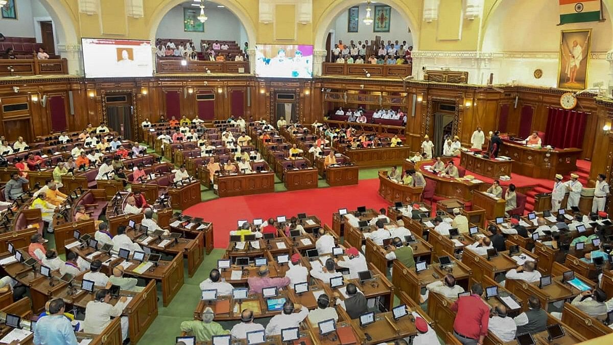 <div class="paragraphs"><p>Members attend the Monsoon session of the UP Assembly, at Vidhan Bhawan, in Lucknow, Tuesday, Aug. 8, 2023.</p></div>