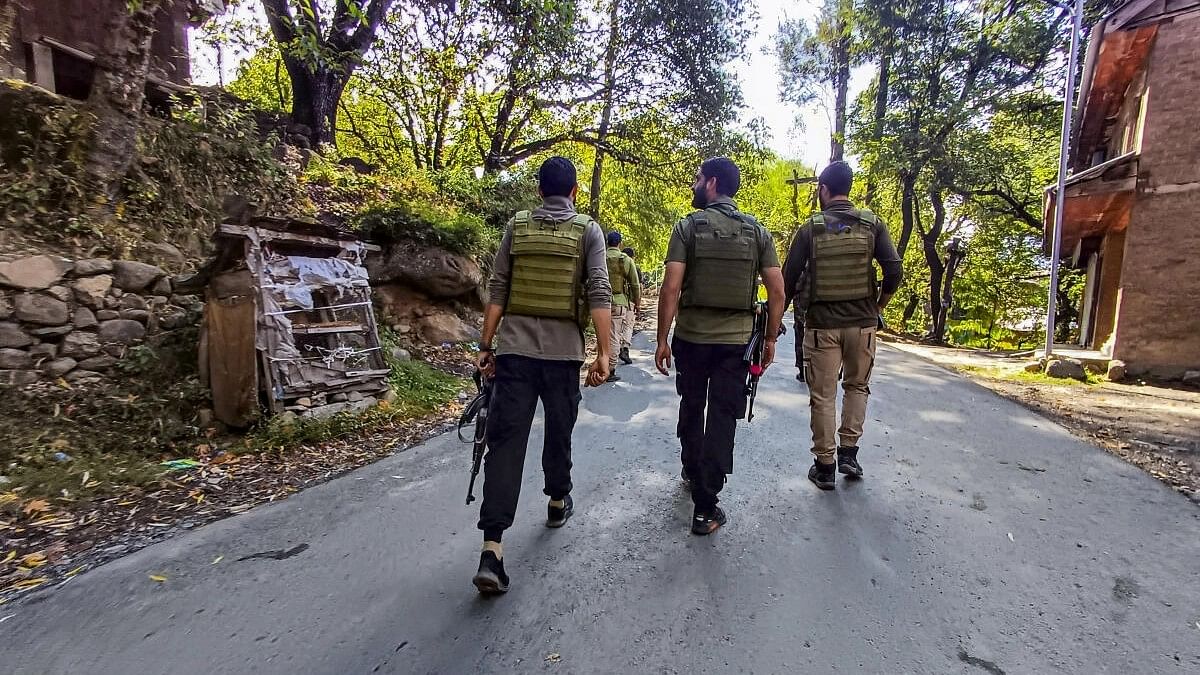 <div class="paragraphs"><p>Security personnel near the site of an encounter with terrorists at Kokernag area, in Anantnag district.&nbsp;</p></div>