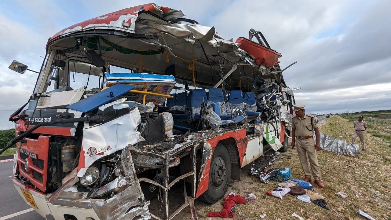 <div class="paragraphs"><p>The left portion of a KKRTC bus was completely damaged after it brushed against a lorry on NH 150 near Gollahalli Gate in Chitradurga district on Monday. </p></div>