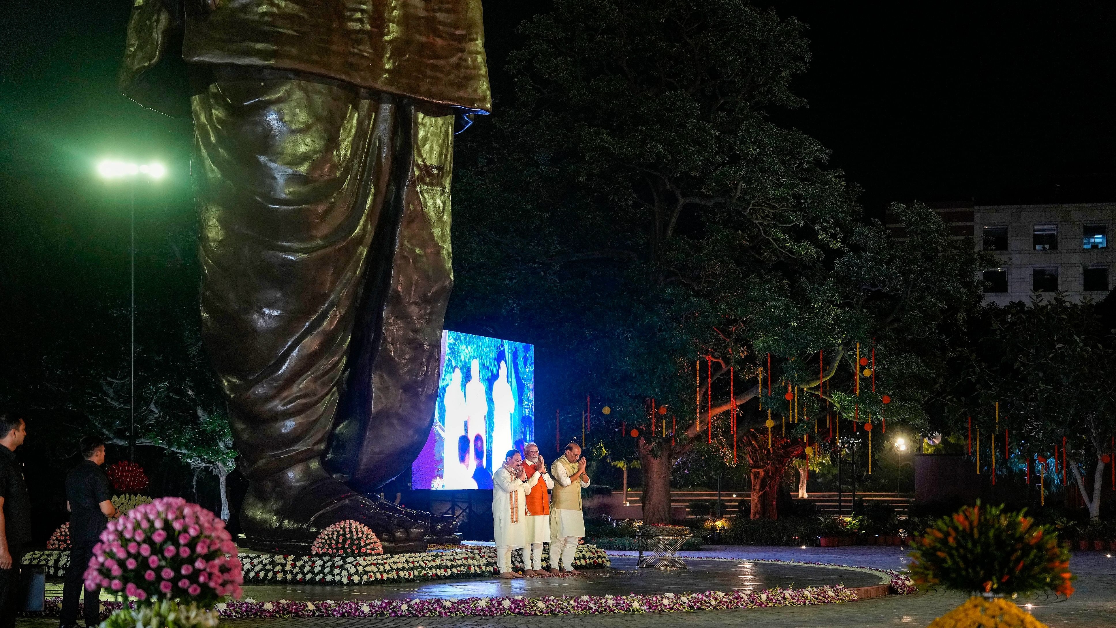 <div class="paragraphs"><p>Prime Minister Narendra Modi, Defence Minister Rajnath Singh and BJP National President J.P. Nadda during unveiling of a statue of Bharatiya Jana Sangh leader Deendayal Upadhyaya on his birth anniversary, in New Delhi, Monday, Sept. 25, 2023.</p></div>