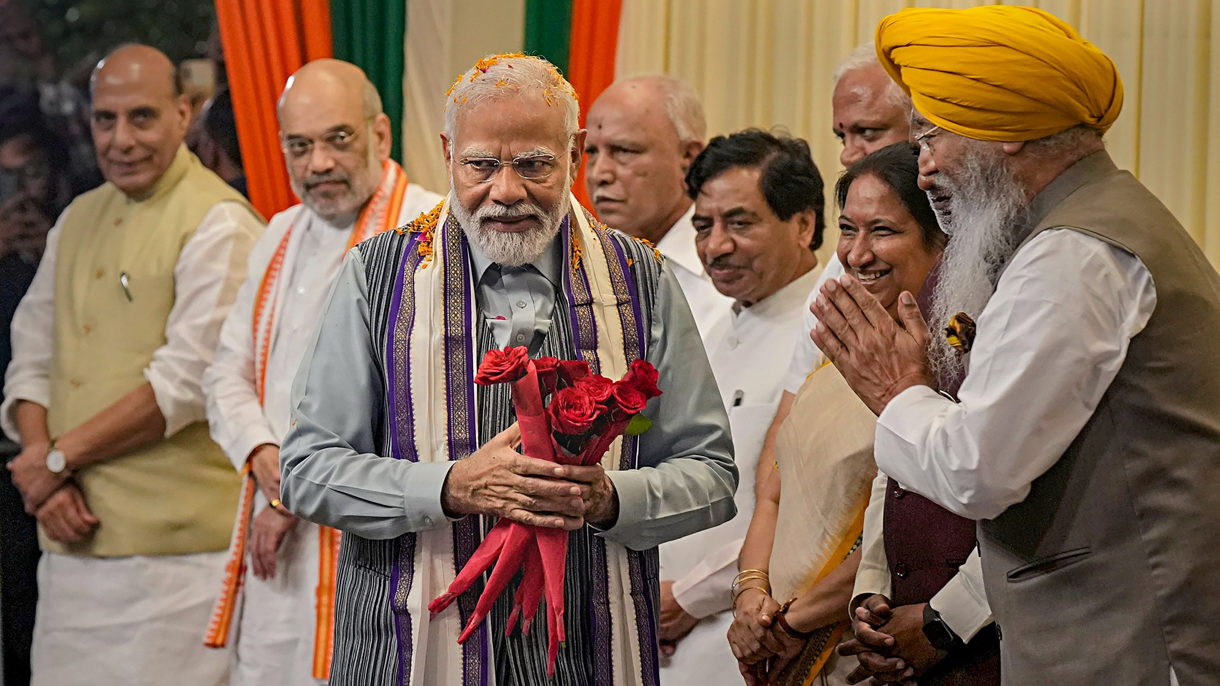 <div class="paragraphs"><p>Prime Minister Narendra Modi being welcomed at the party headquarters, in New Delhi, following the successful G20 meeting under India's presidency.</p></div>