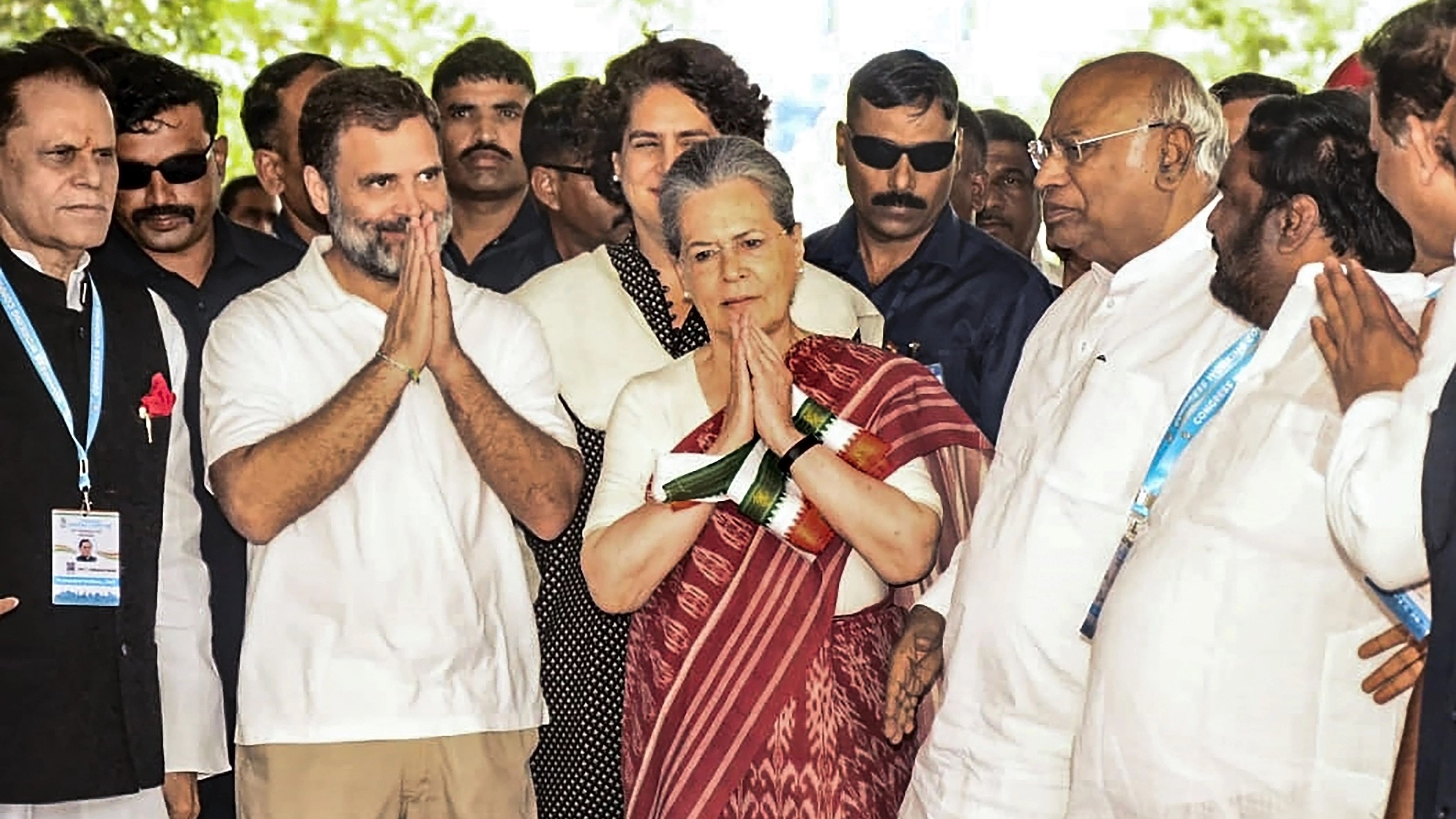 <div class="paragraphs"><p>Congress President Mallikarjun Kharge with party leaders Sonia Gandhi and Rahul Gandhi arrives for Congress Working Committee (CWC) meeting, in Hyderabad, Saturday, Sept. 16, 2023.</p></div>