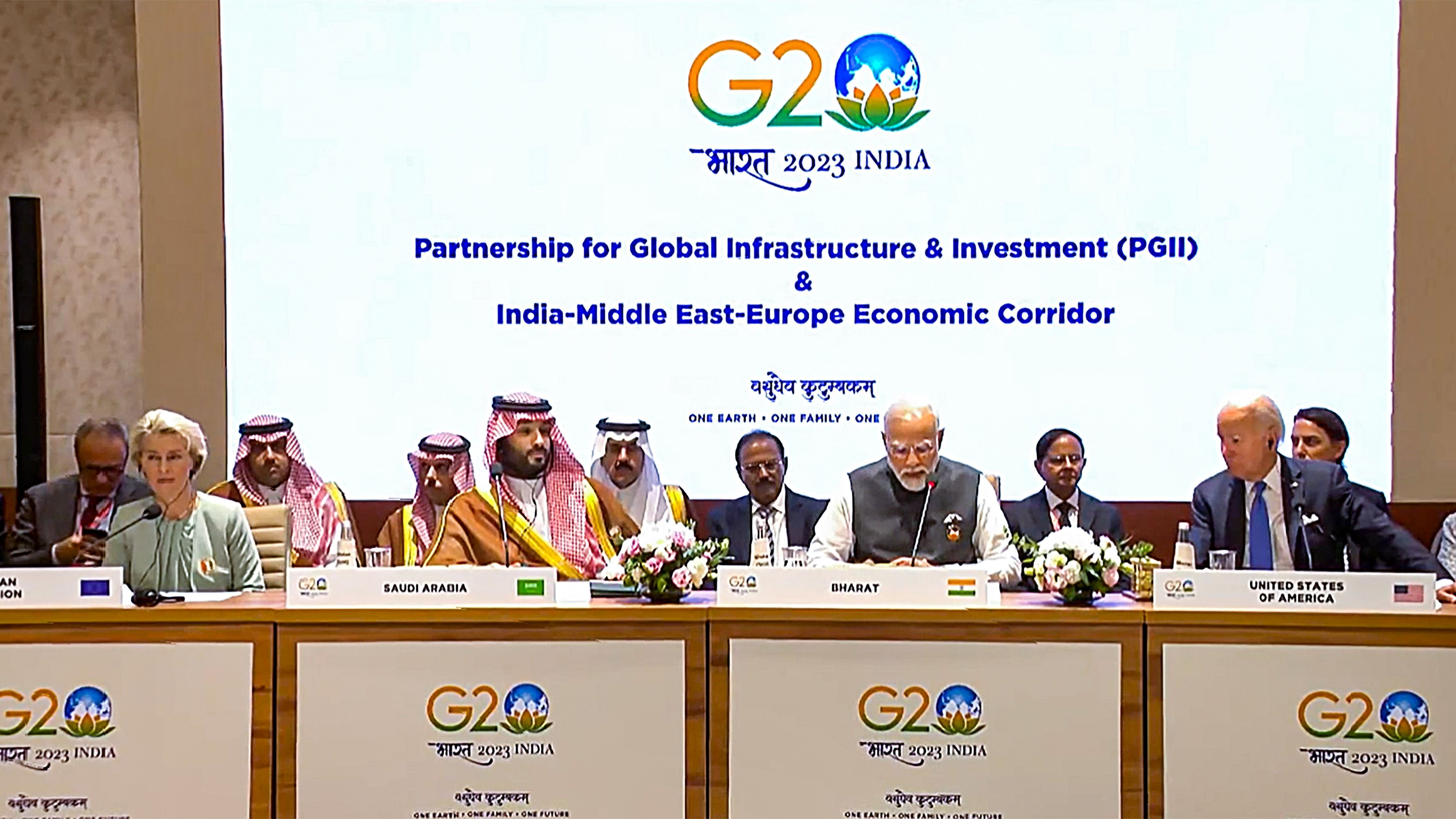 <div class="paragraphs"><p> Prime Minister Narendra Modi with US President Joe Biden, Crown Prince and Prime Minister of Saudi Arabia Mohammed bin Salman bin Abdulaziz Al Saud and President of European Commission Ursula von der Leyen at the Partnership for Global Infrastructure and Investment &amp; India-Middle East-Europe Economics Corridor event during the G20 Summit 2023, in New Delhi.</p></div>