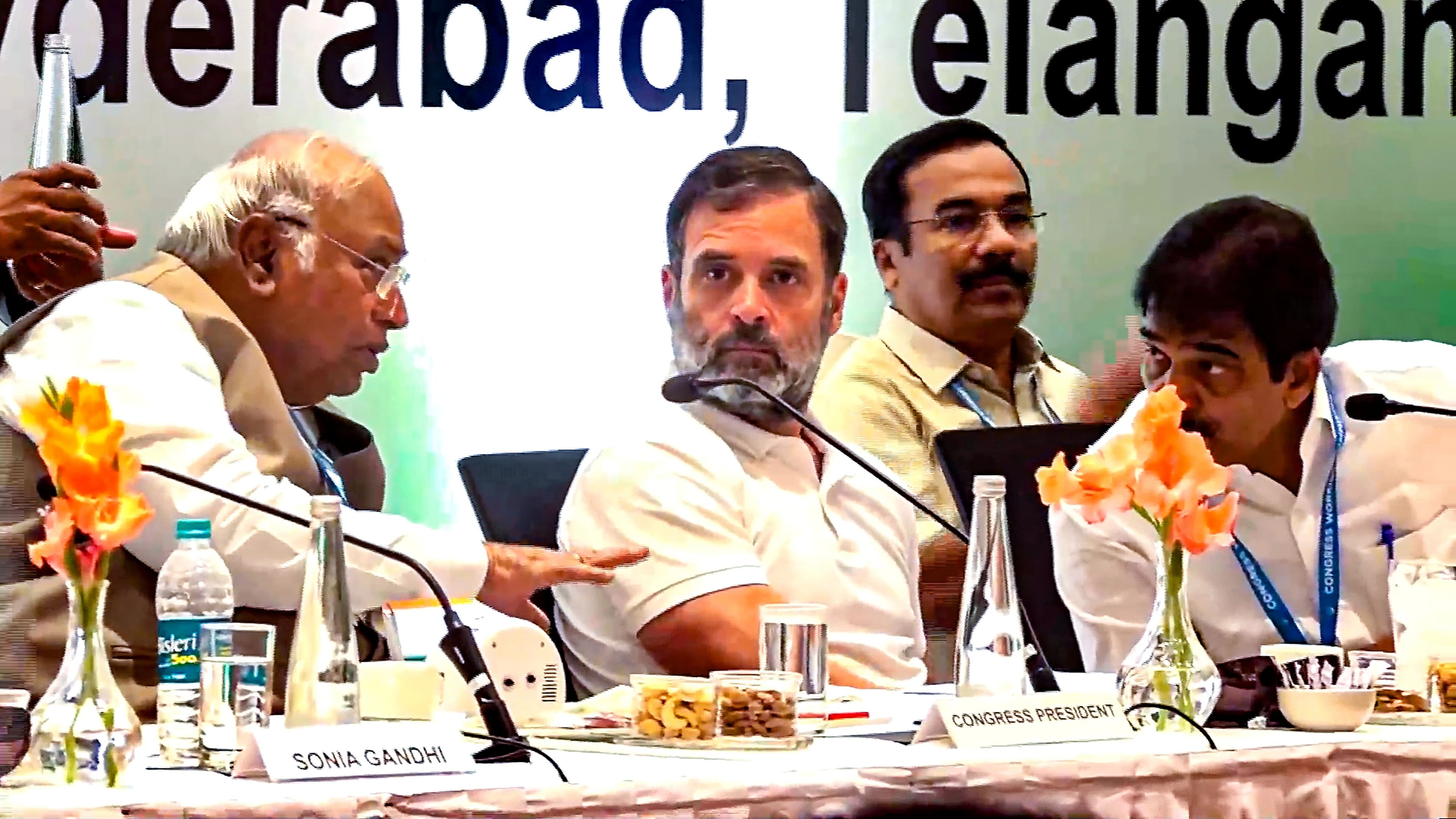 <div class="paragraphs"><p>Congress President Mallikarjun Kharge with party leaders Rahul Gandhi and KC Venugopal during the second day of Congress Working Committee (CWC) meeting, in Hyderabad.&nbsp;</p></div>