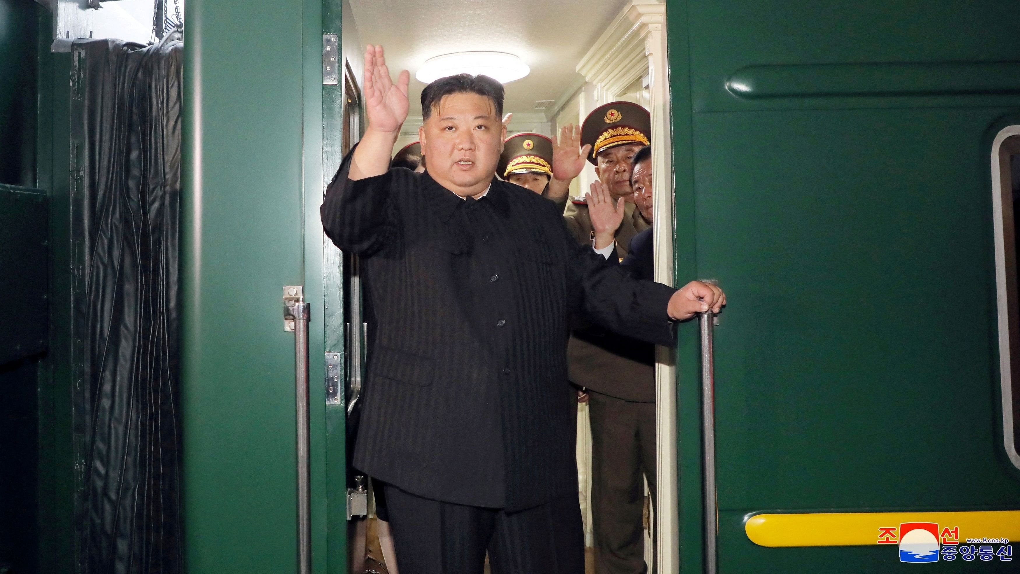 <div class="paragraphs"><p>North Korean leader Kim Jong Un waves from a private train as he departs Pyongyang, North Korea, to visit Russia.</p></div>