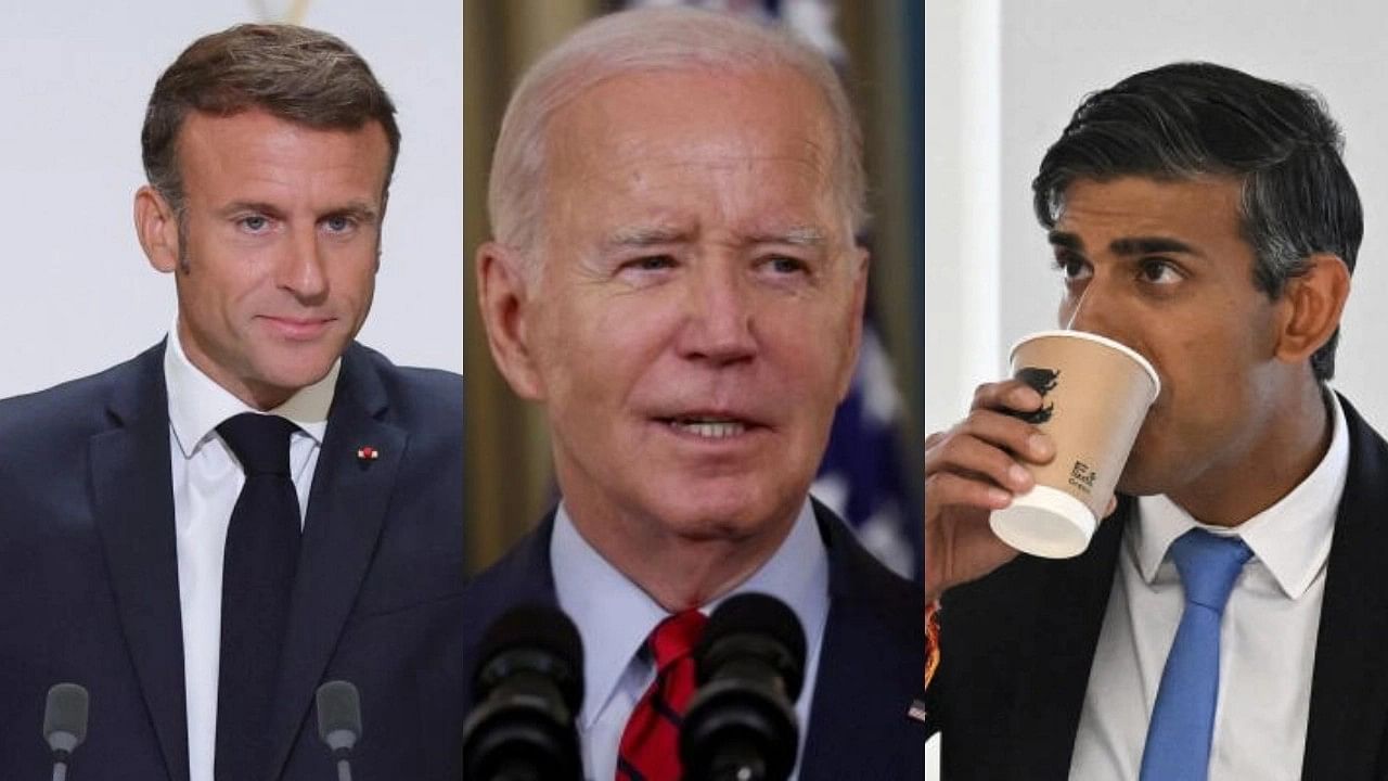 <div class="paragraphs"><p>French President Emmanuel Macron, US President Joe Biden, and UK PM Rishi Sunak. (L-R)&nbsp;</p></div>