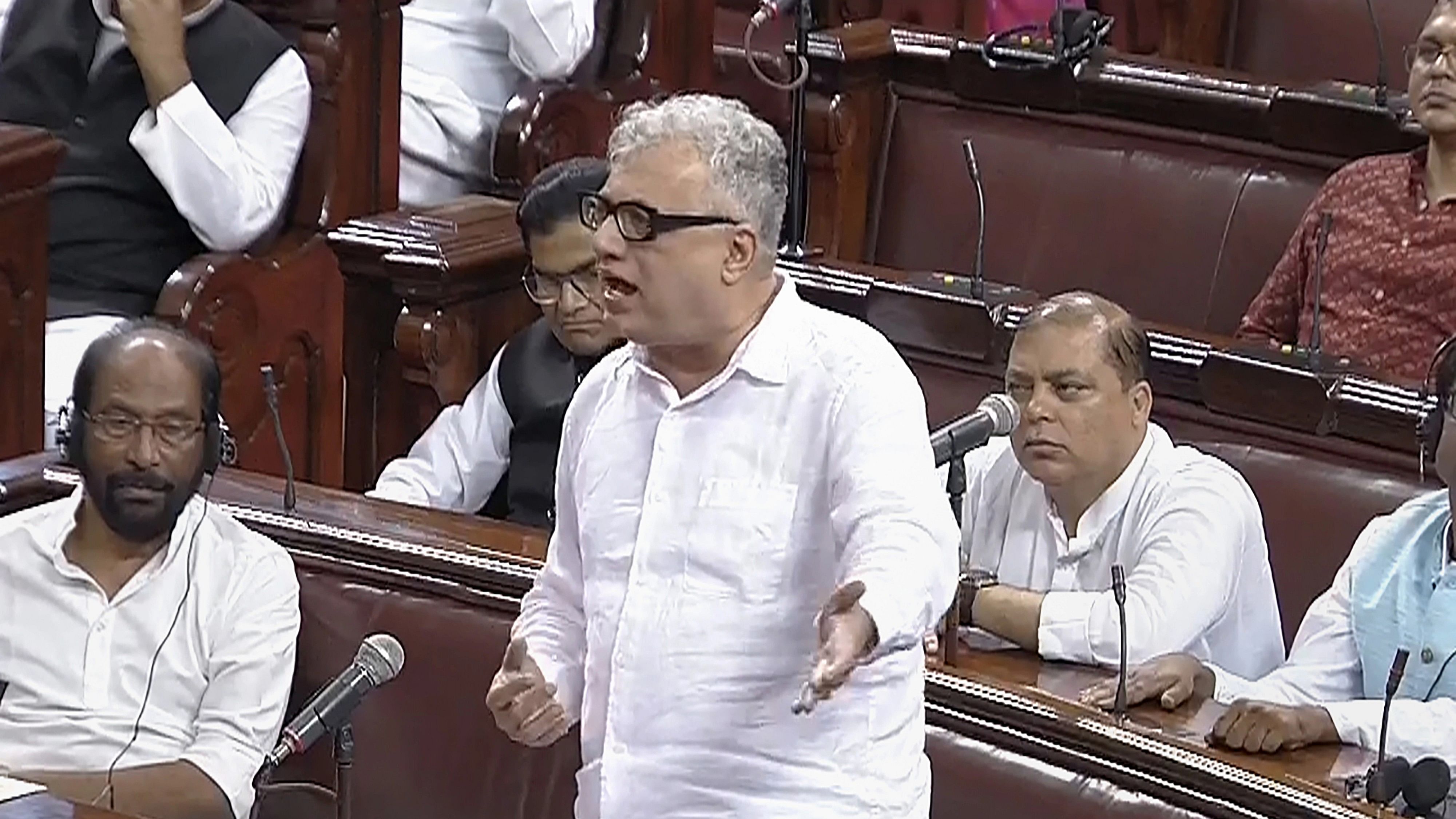 <div class="paragraphs"><p>TMC MP Derek O'Brien speaks in the Rajya Sabha during a special session of Parliament, in New Delhi.&nbsp;</p></div>