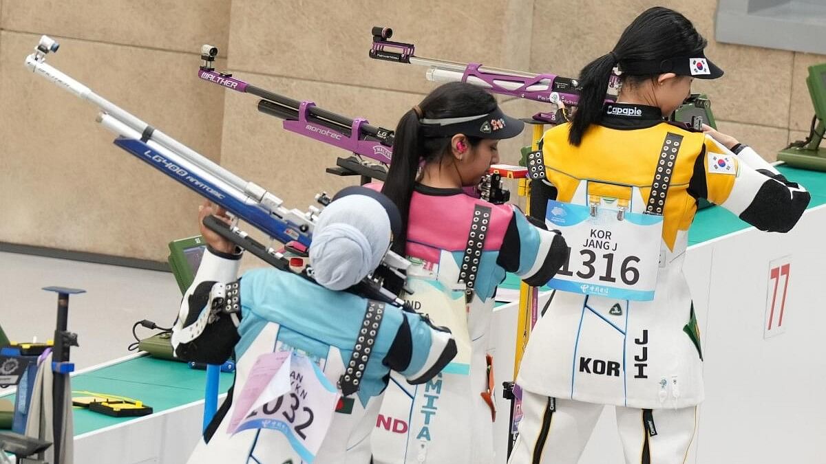 <div class="paragraphs"><p>Indian shooter Ramita (C) competes in the qualification of 10M air rifle in the 19th Asian Games at the Hangzhou Olympic Sports Centre Stadium, in Hangzhou, China.</p><p></p></div>