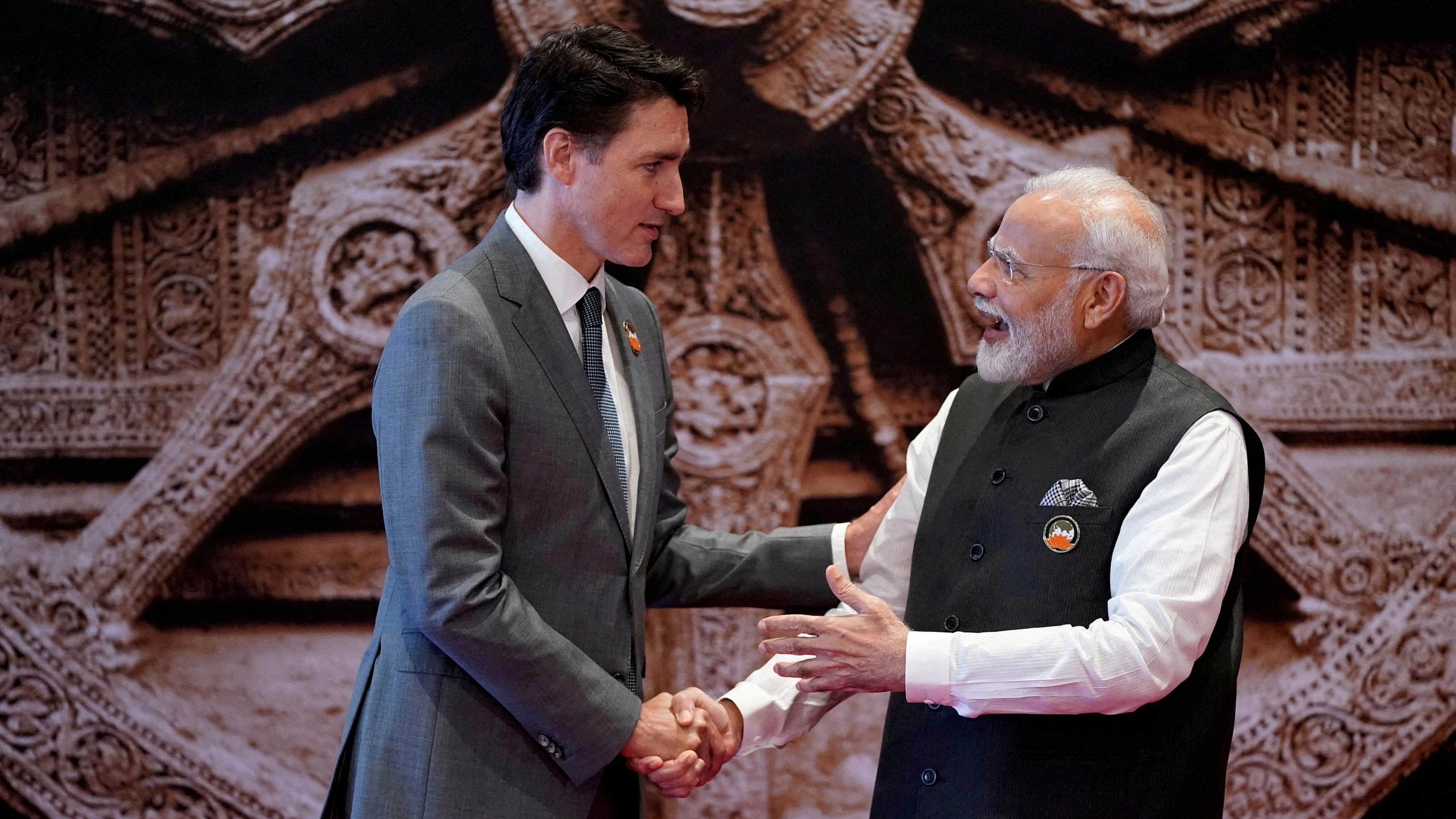 <div class="paragraphs"><p>Indian Prime Minister Narendra Modi welcomes Canada Prime Minister Justin Trudeau upon his arrival at Bharat Mandapam convention center for the G20 Summit.</p></div>