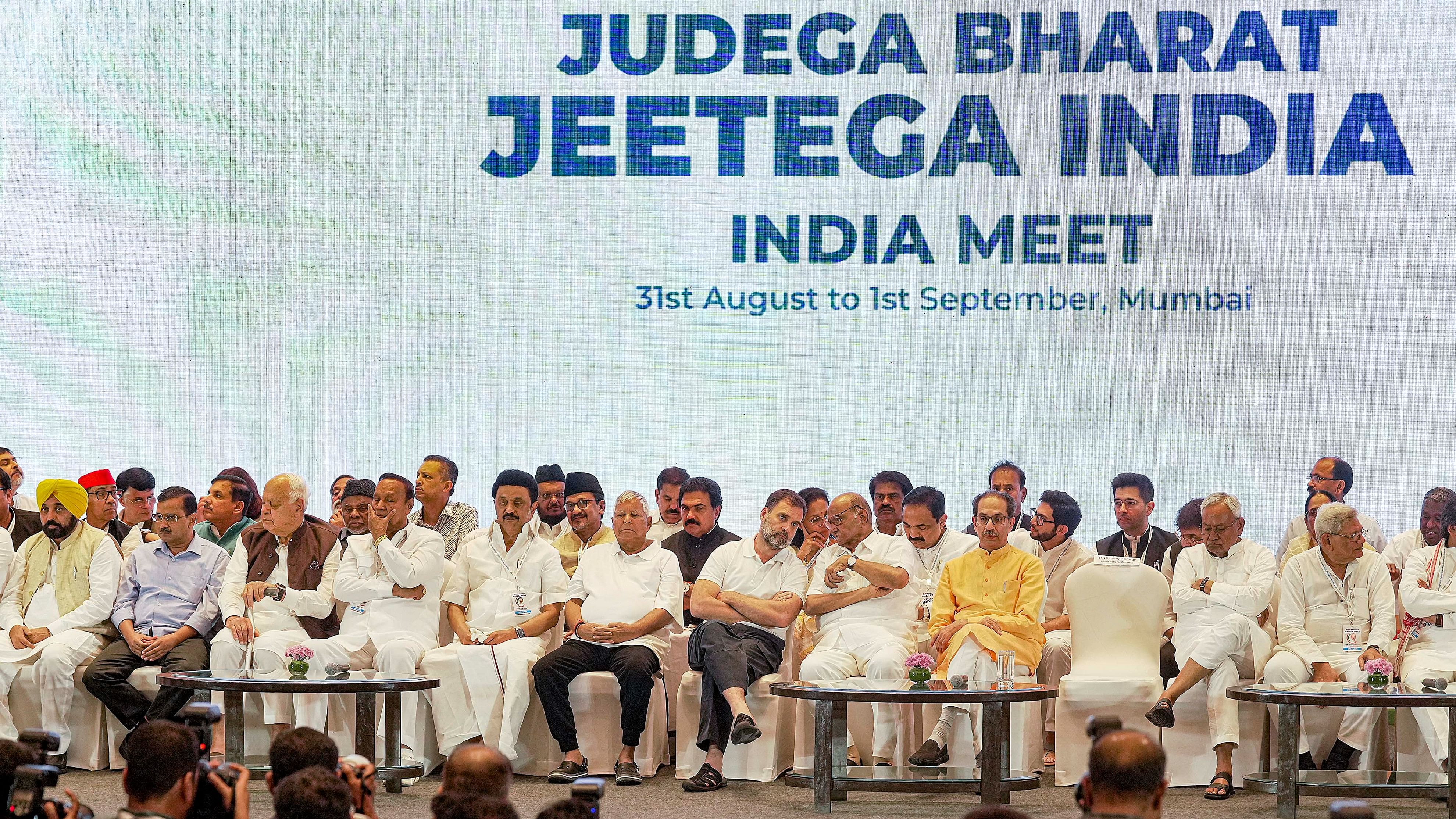 <div class="paragraphs"><p>I.N.D.I.A leaders at the Opposition bloc's meeting in Mumbai, September 1, 2023.</p></div>