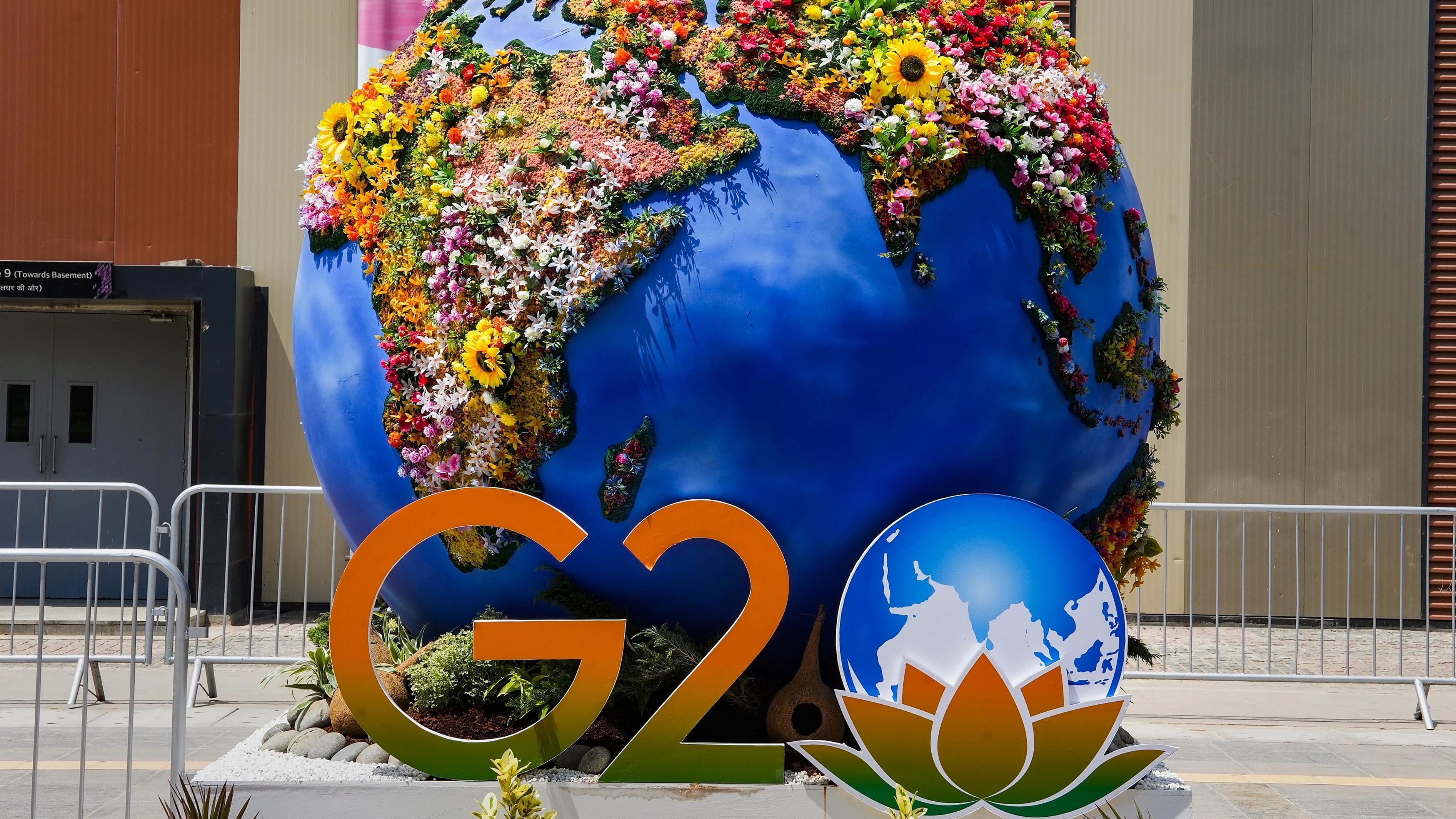 <div class="paragraphs"><p> A G20-themed installation put up at  Bharat Mandapam.</p></div>