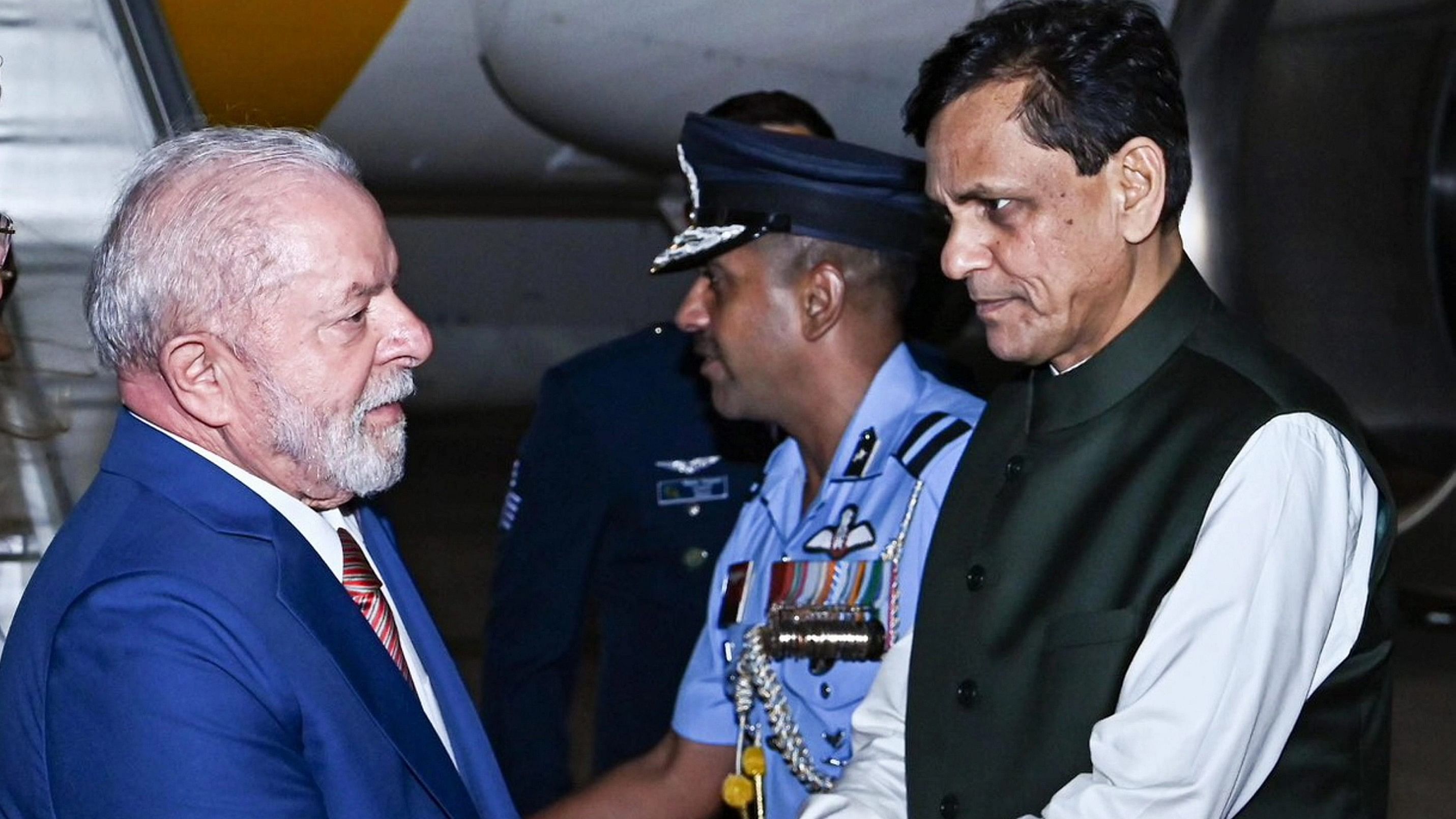 <div class="paragraphs"><p>President of Brazil Luiz Inacio Lula da Silva being received by Union Minister of State for Home Affairs Nityanand Rai upon his arrival ahead of the G20 Summit, in New Delhi.</p></div>