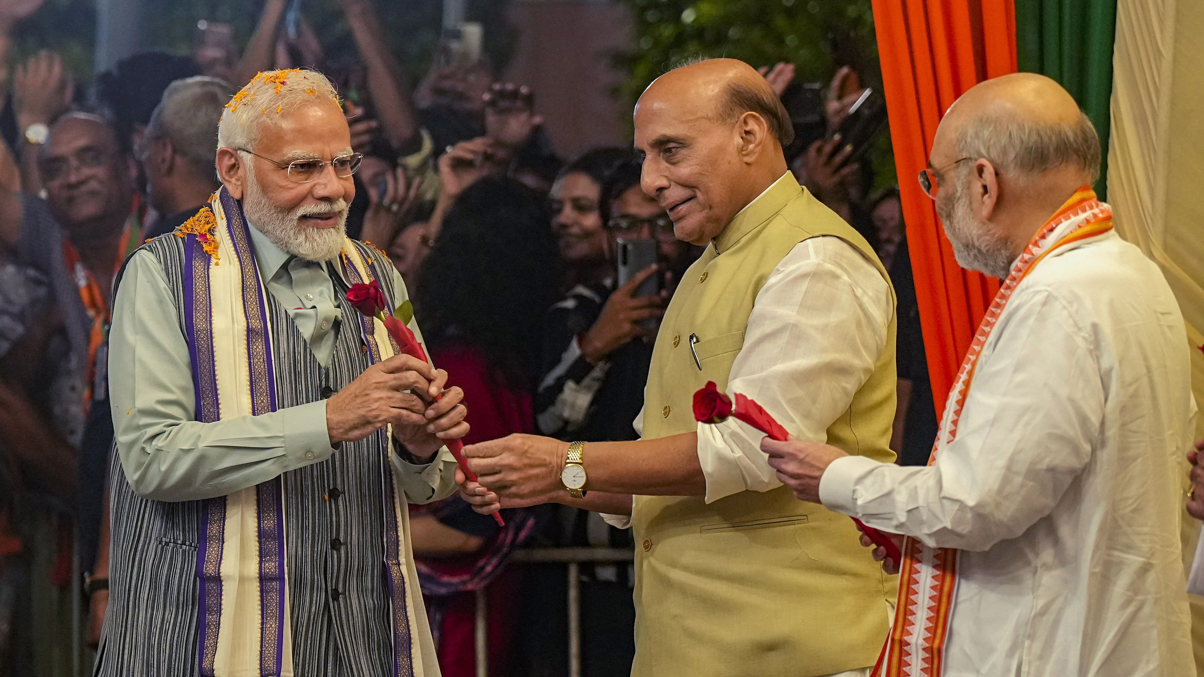 <div class="paragraphs"><p>New Delhi: Prime Minister Narendra Modi being welcomed by Home Minister Amit Shah and Defence Minister Rajnath Singh upon his arrival ahead of the party's central election committee meeting at the party headquarters, in New Delhi, Wednesday, Sept. 13, 2023. This is PM Modi's first visit to the party office after he chaired the G20 summit last weekend.</p></div>