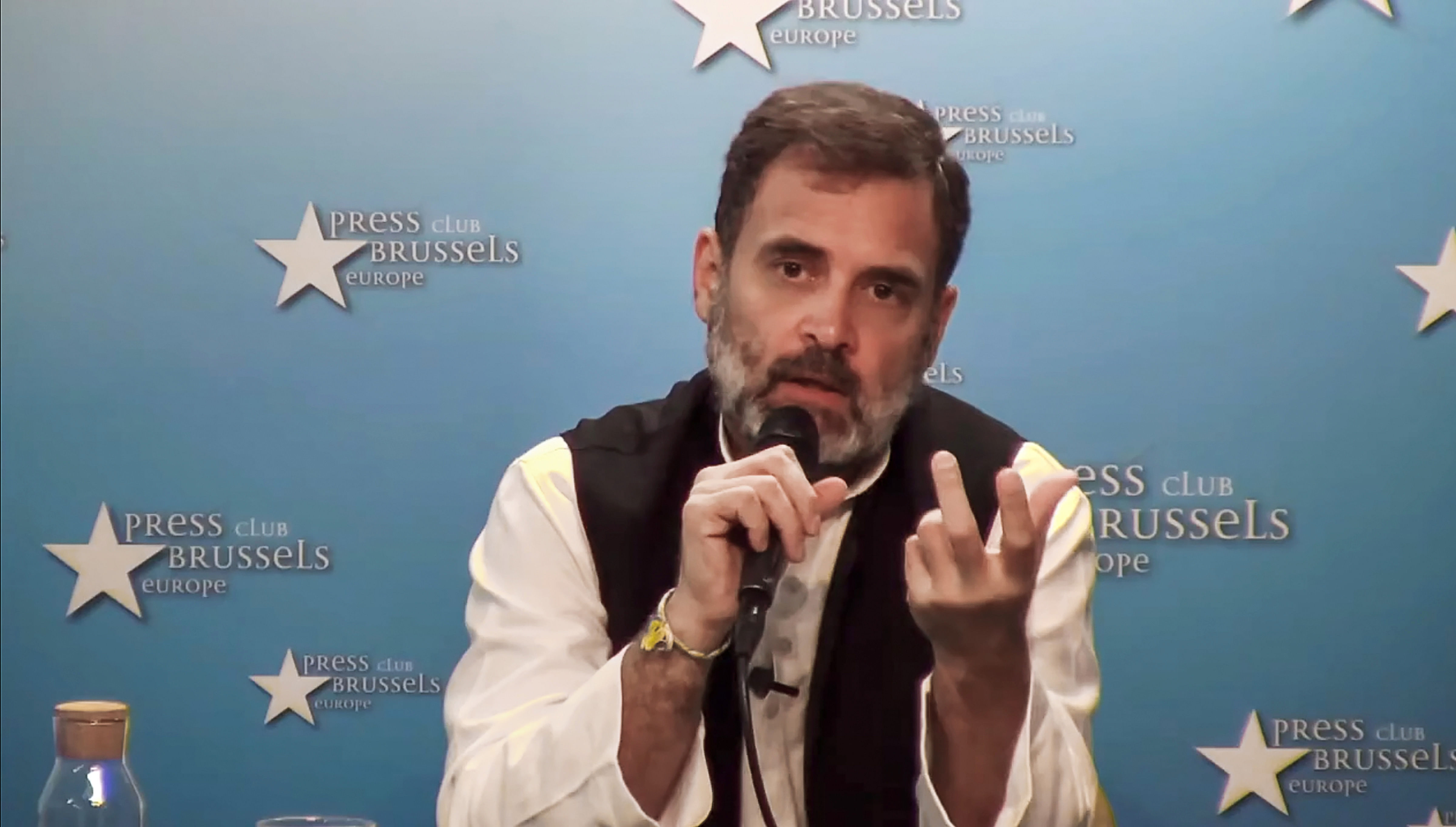 <div class="paragraphs"><p> Congress leader Rahul Gandhi speaks during a media interaction at the Brussels Press Club, Belgium, Friday, Sept. 8, 2023. </p></div>