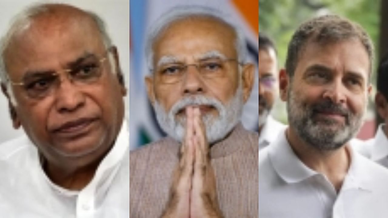 <div class="paragraphs"><p>Mallikarjun Kharge, PM Narendra Modi and&nbsp;Rahul Gandhi.</p></div>