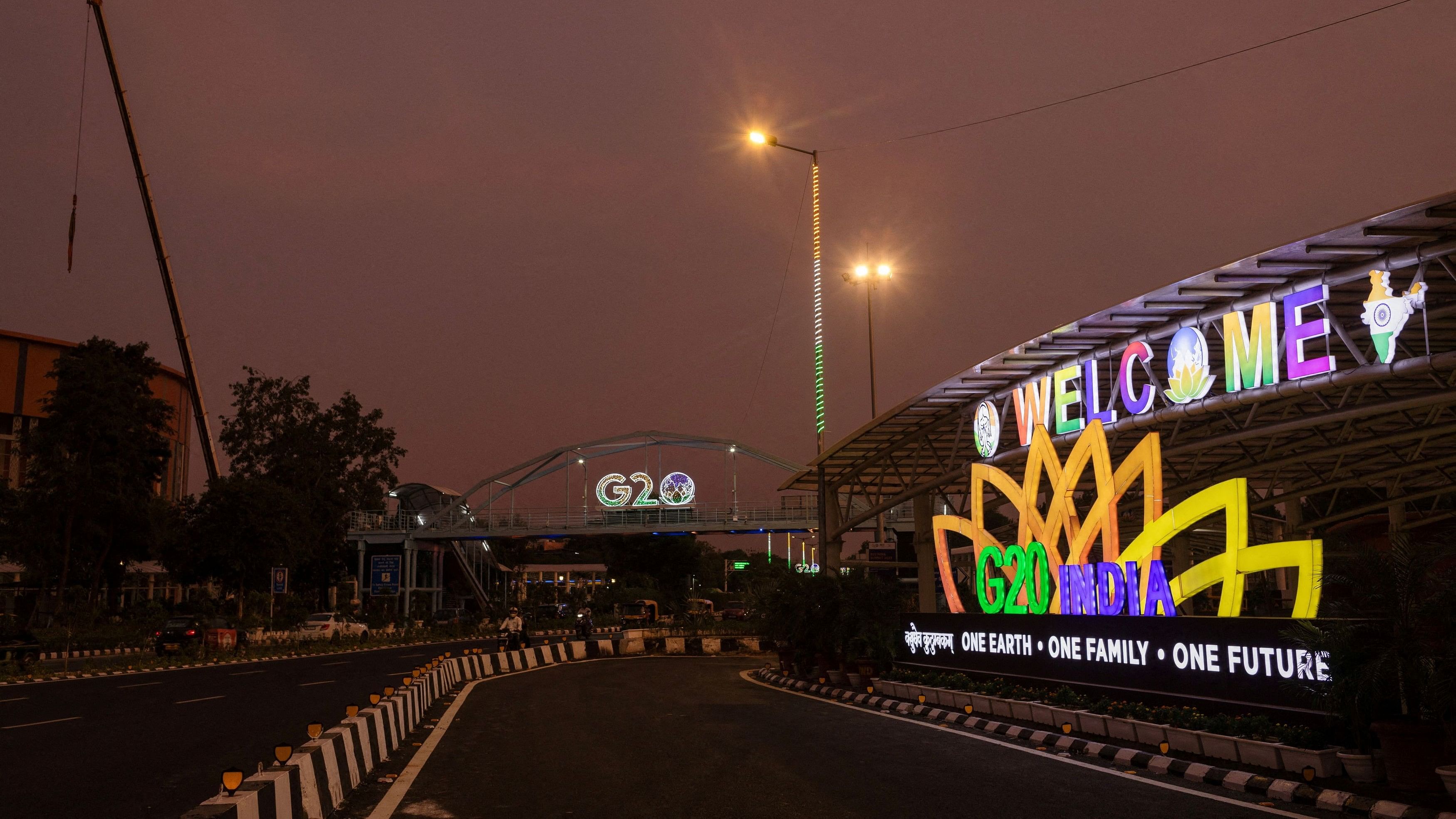 <div class="paragraphs"><p>A G20 logo is pictured in front of the main venue of the summit in New Delhi.</p></div>