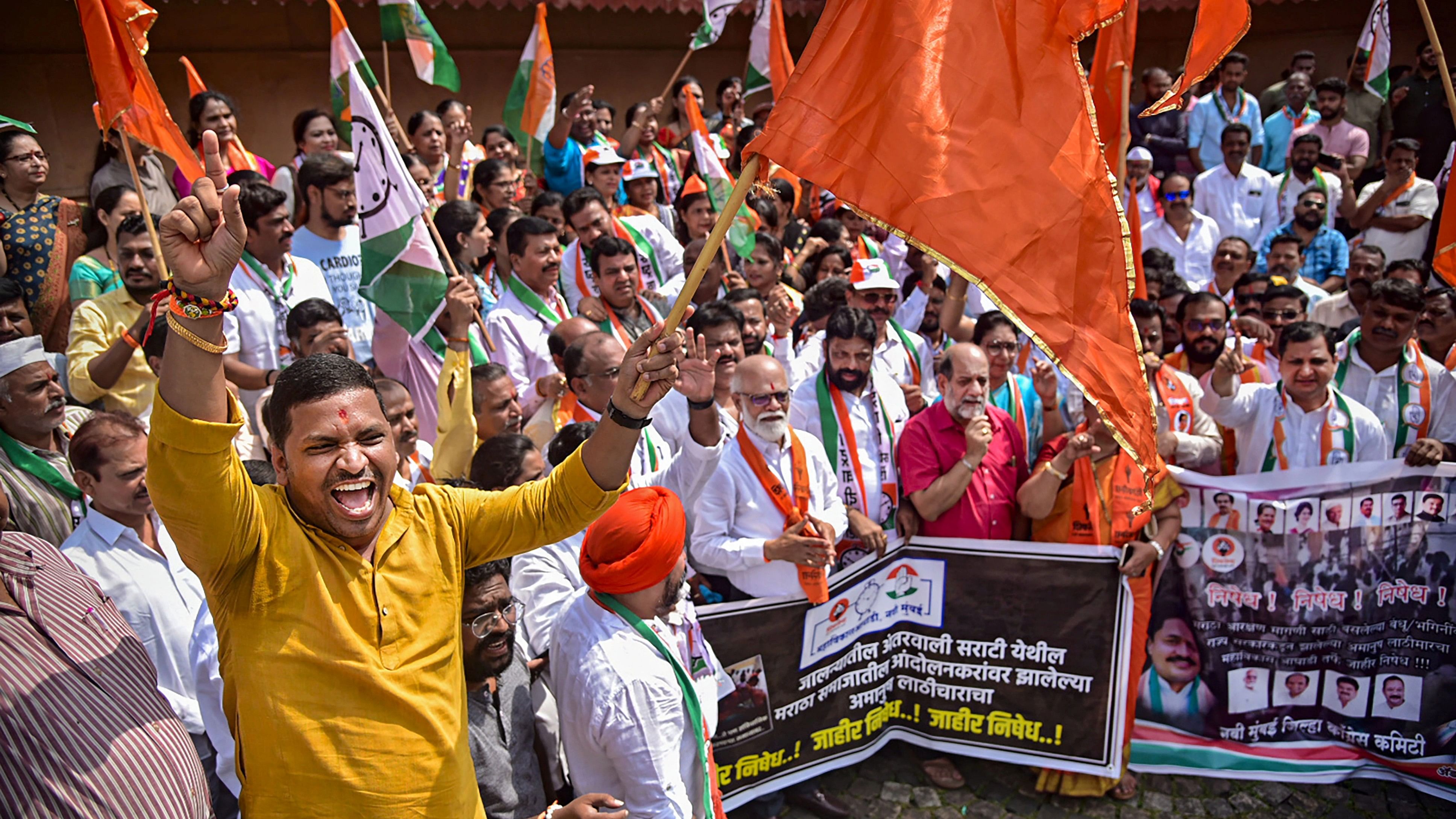 <div class="paragraphs"><p>Members of Maha Vikas Agadhi (MVA) stage protest against the state government over Lathi charge incident on Maratha Kranti Morcha members at Jalna, in Navi Mumbai.</p></div>