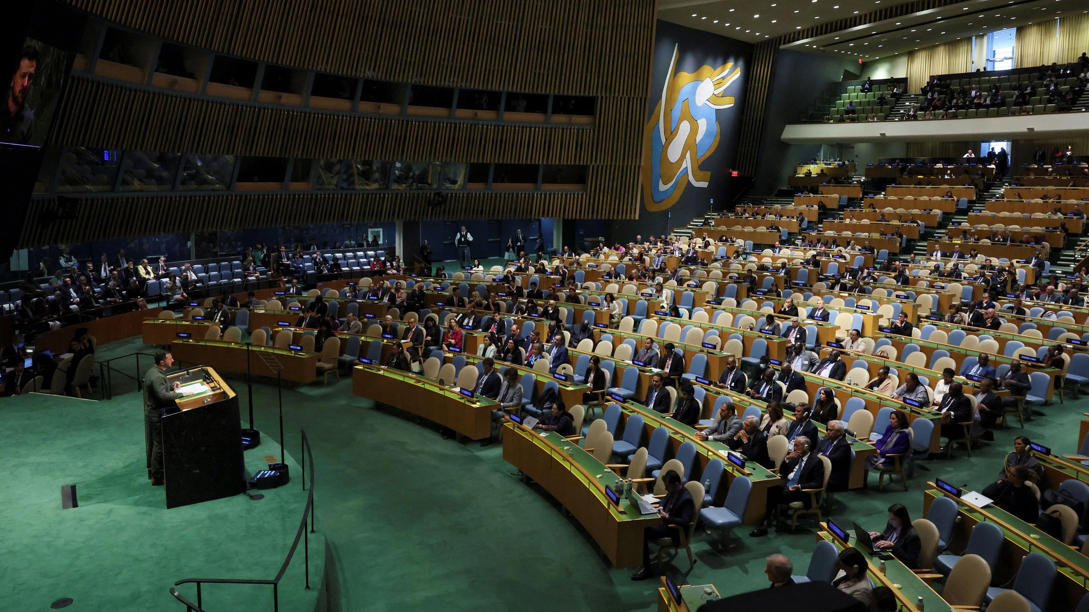 <div class="paragraphs"><p>Ukraine's President Volodymyr Zelenskiy addresses the 78th Session of the U.N. General Assembly in New York City, U.S., September 19, 2023.</p></div>