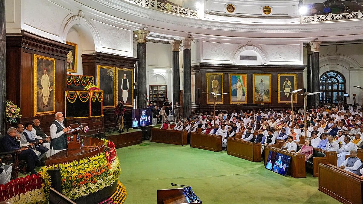 <div class="paragraphs"><p>Prime Minister Narendra Modi addresses during an event organised to commemorate the rich legacy of the Parliament of India at the Central Hall of the old Parliament building.</p></div>