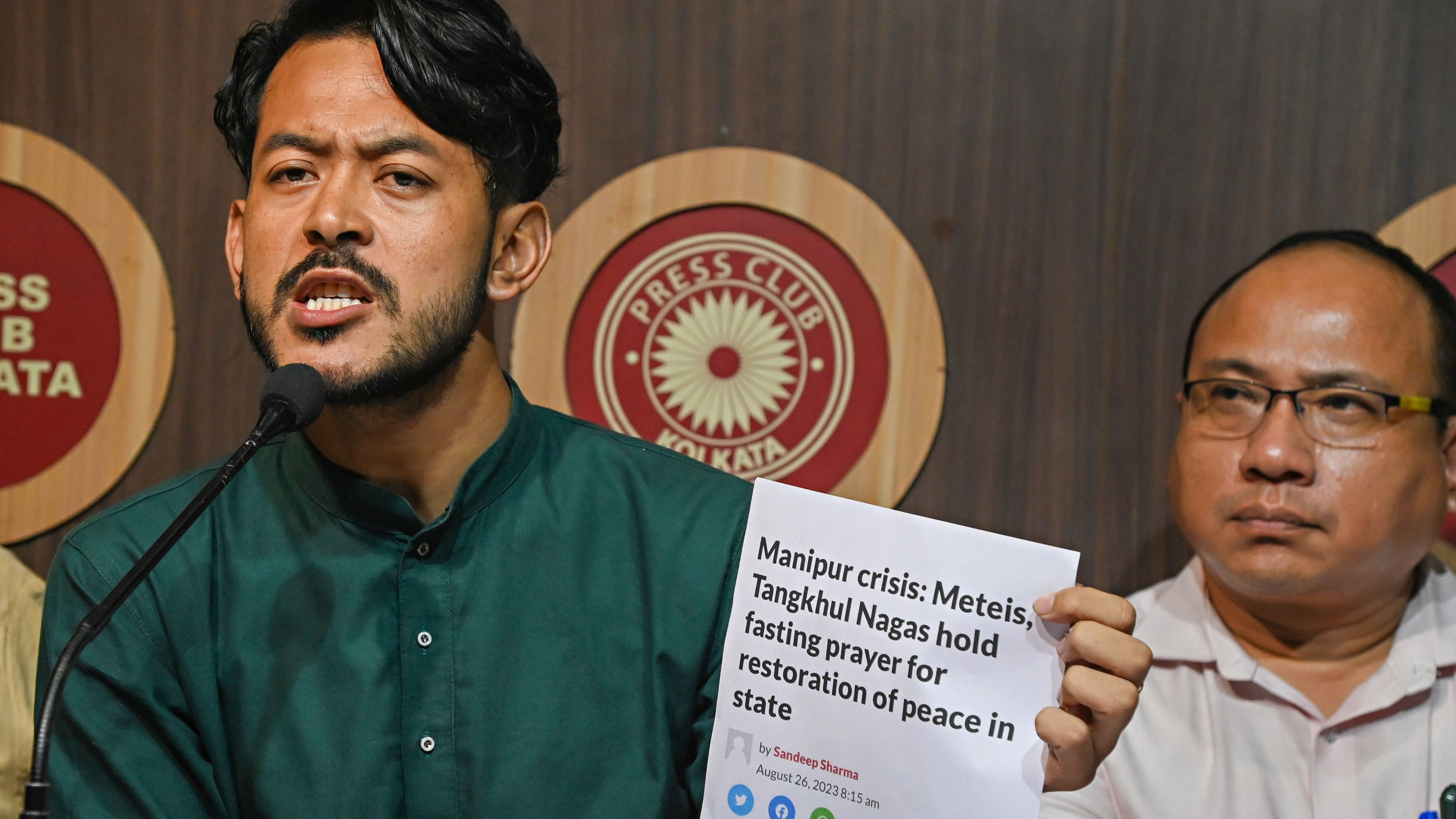 <div class="paragraphs"><p>Meitei community activist Rohan Philem speaks addresses a press conference for peace in violence-hit Manipur, in Kolkata.&nbsp;</p></div>