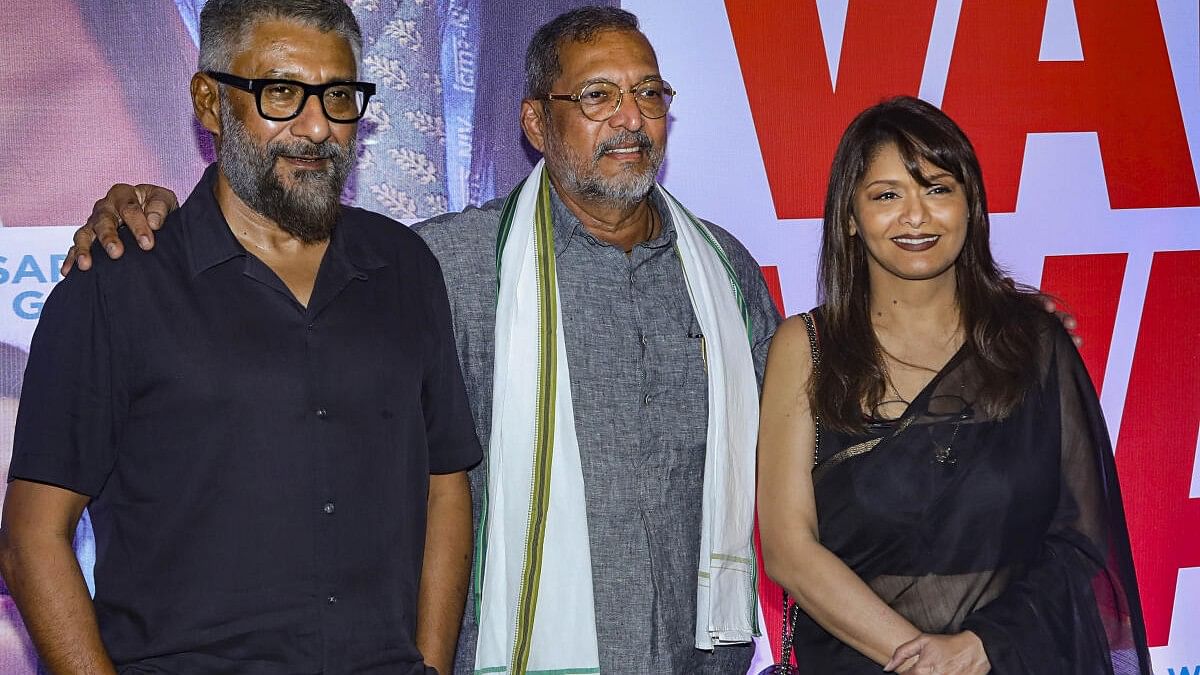 <div class="paragraphs"><p>Actors Nana Patekar and Pallavi Joshi, and director Vivek Agnihotri during the trailer launch of their upcoming film 'The Vaccine War', in Mumbai.&nbsp;</p></div>