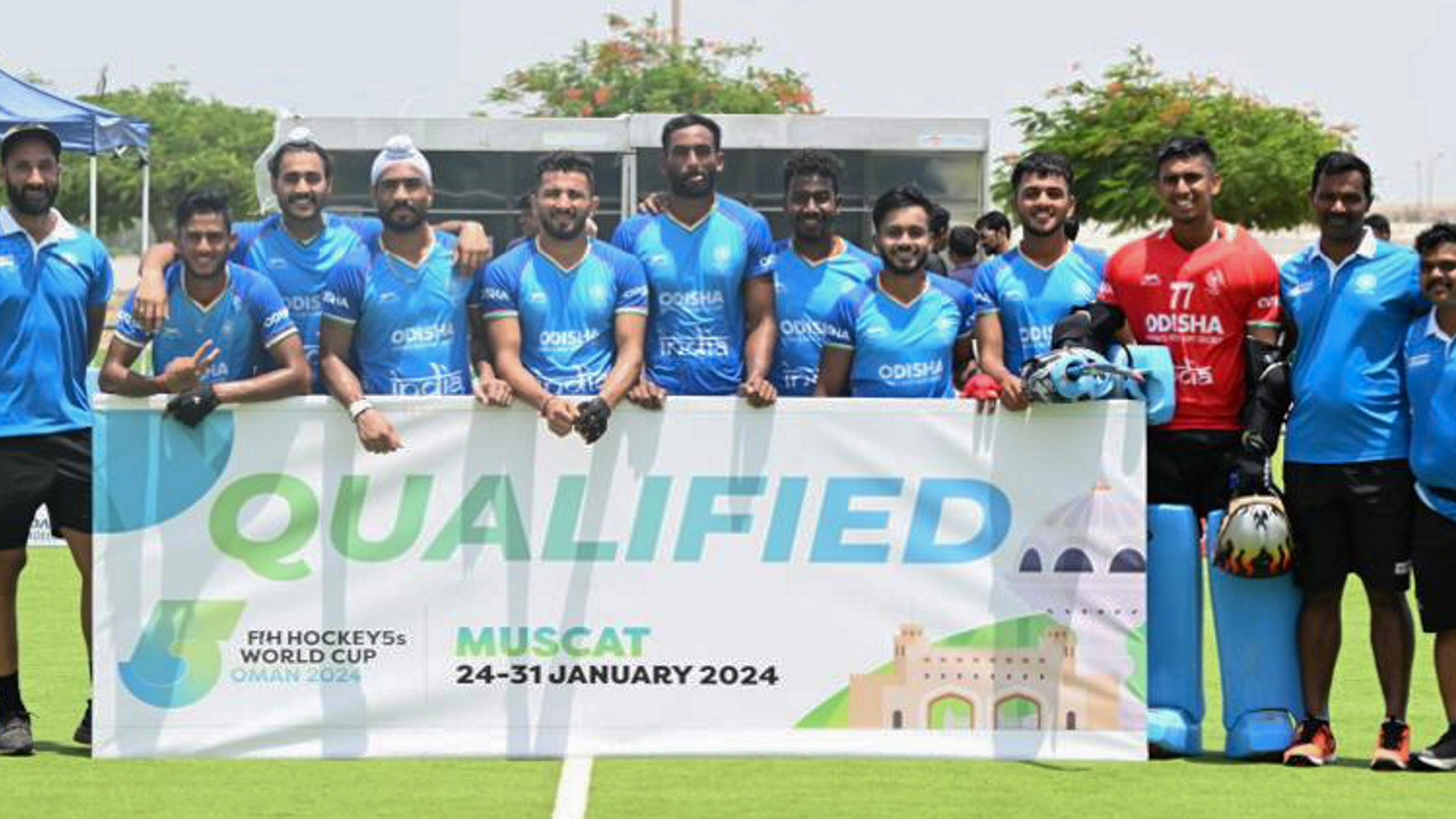 <div class="paragraphs"><p>Indian team poses for photos after winning the Men's Hockey5s Asia Cup and qualifying for the FIH Men's Hockey5s World Cup 2024, in Salalah, Oman, Saturday, Sept. 2, 2023. India beat Pakistan 2-0 in the shootout after both teams were locked at 4-4 in regulation time. </p></div>