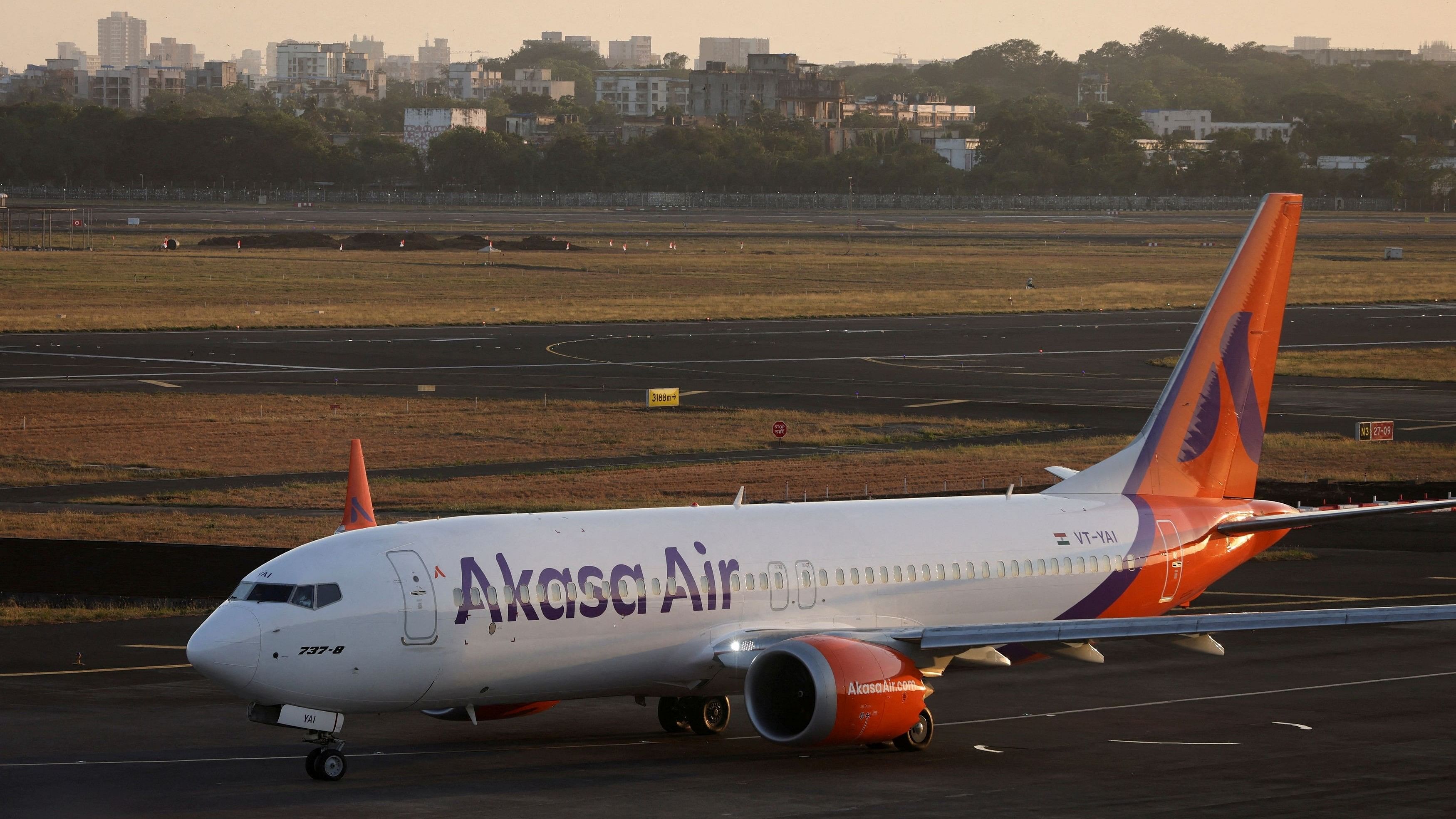 <div class="paragraphs"><p> An Akasa Air passenger aircraft on the tarmac at Chhatrapati Shivaji International Airport in Mumbai.&nbsp;</p></div>