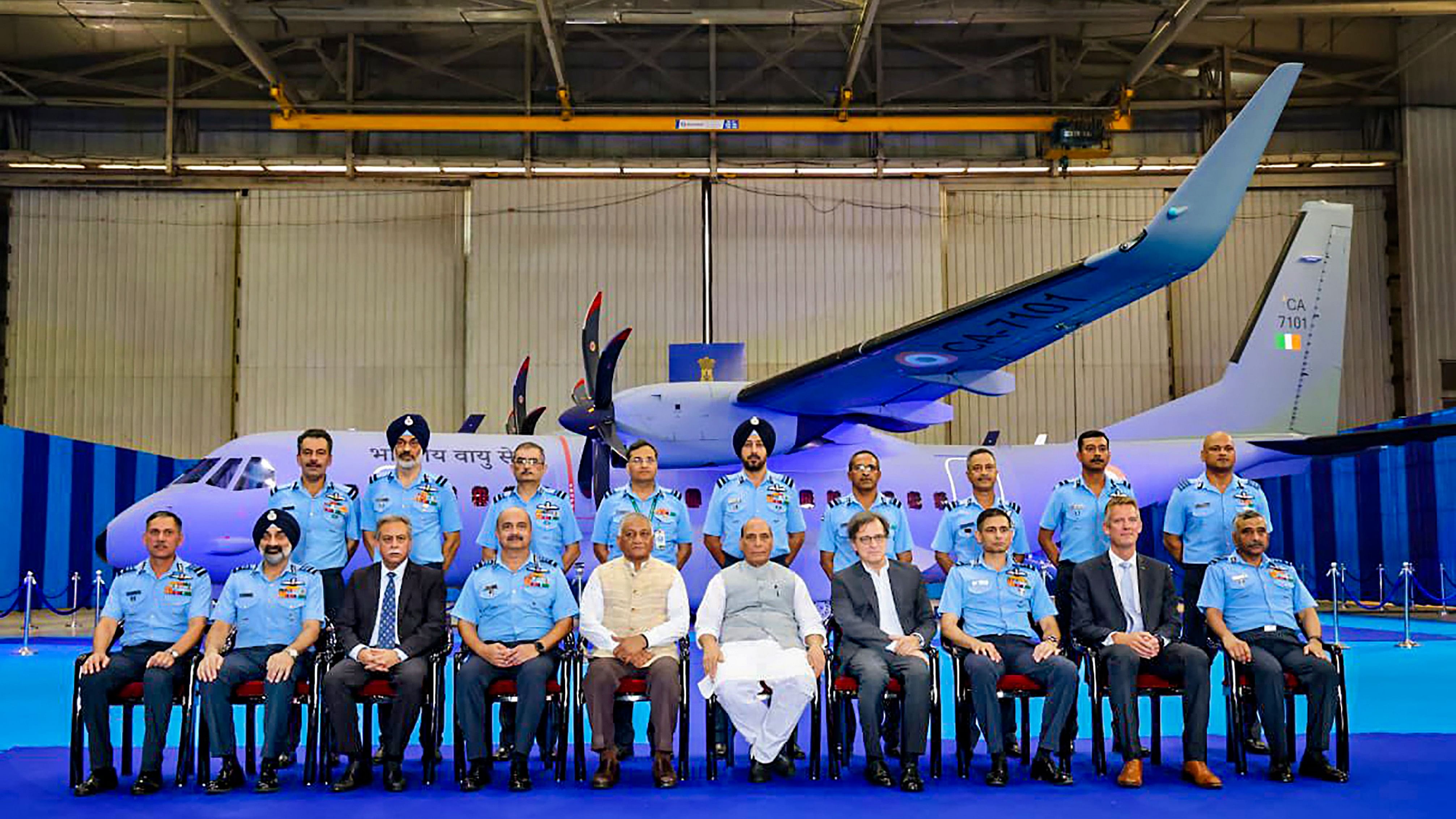 <div class="paragraphs"><p>Union Defence Minister Rajnath Singh with MoS VK Singh, IAF chief Air Chief Marshal V R Chaudhari and others during formal induction of C-295 MW transport aircraft into Indian Air Force at the Hindon Air Force Station, Monday, Sept. 25, 2023.</p></div>