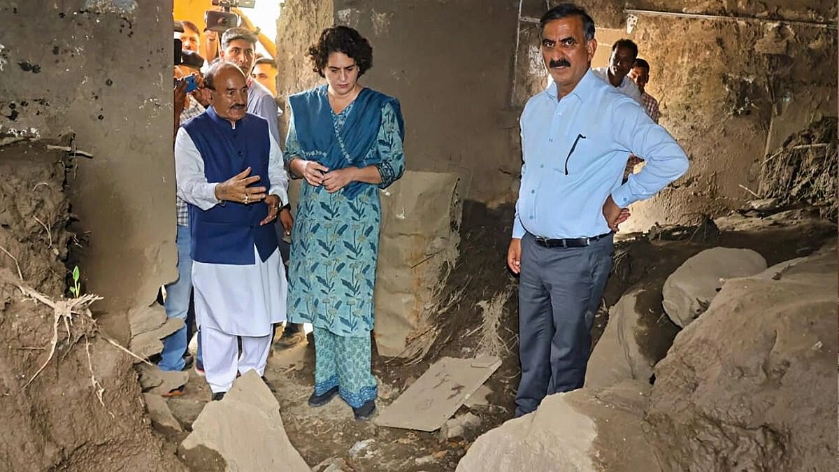 <div class="paragraphs"><p>Congress General Secretary Priyanka Gandhi, Himachal CM Sukhvinder Singh Sukhu and others visit the flood-affected areas, in Mandi district.&nbsp;</p></div>