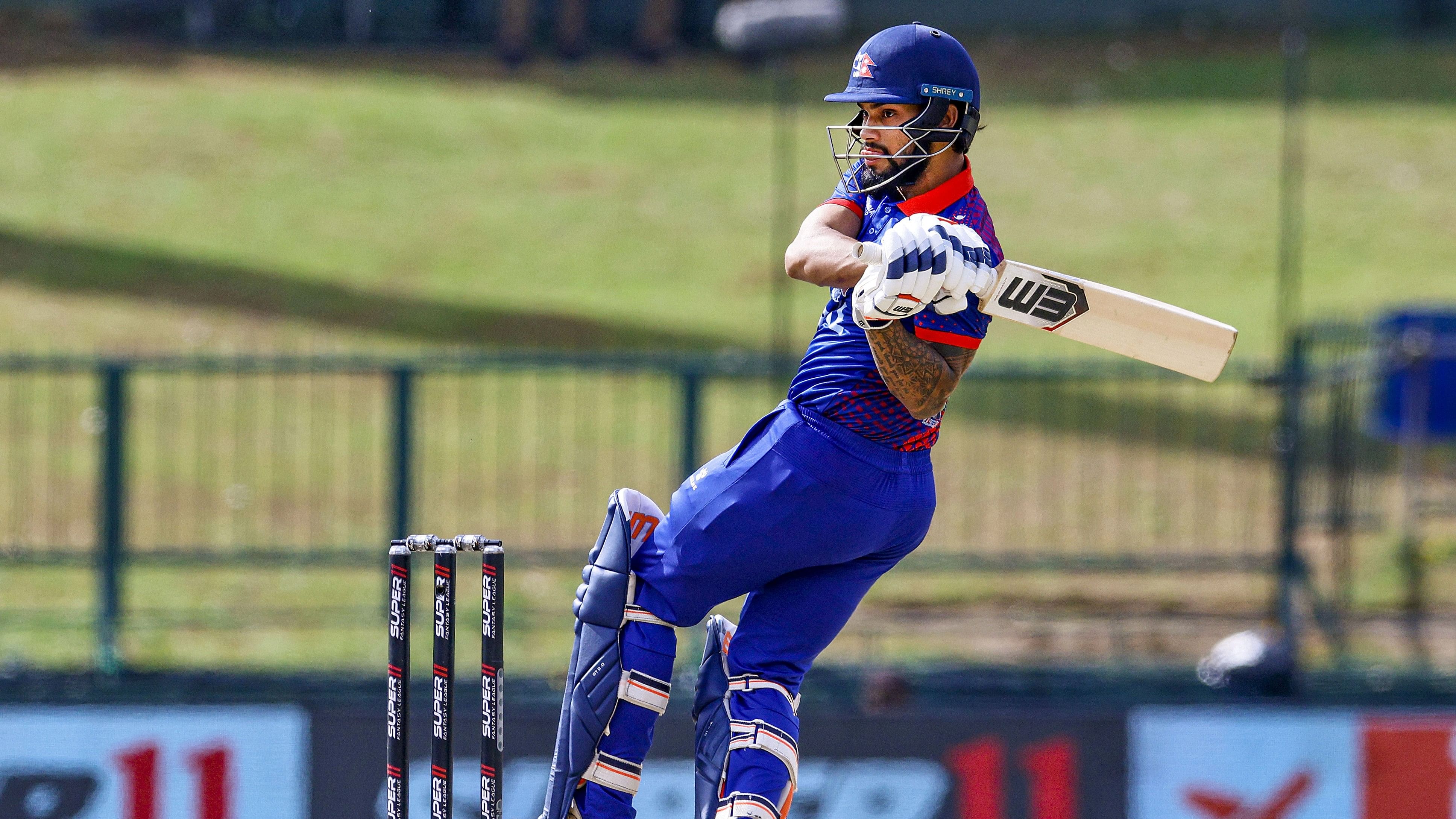 <div class="paragraphs"><p>Pallekele: Nepal's batter Kushal Bhurtel plays a shot during the Asia Cup match between India and Nepal, at the Pallekele International Cricket Stadium in Sri Lanka, Monday, Sept. 4, 2023. </p></div>