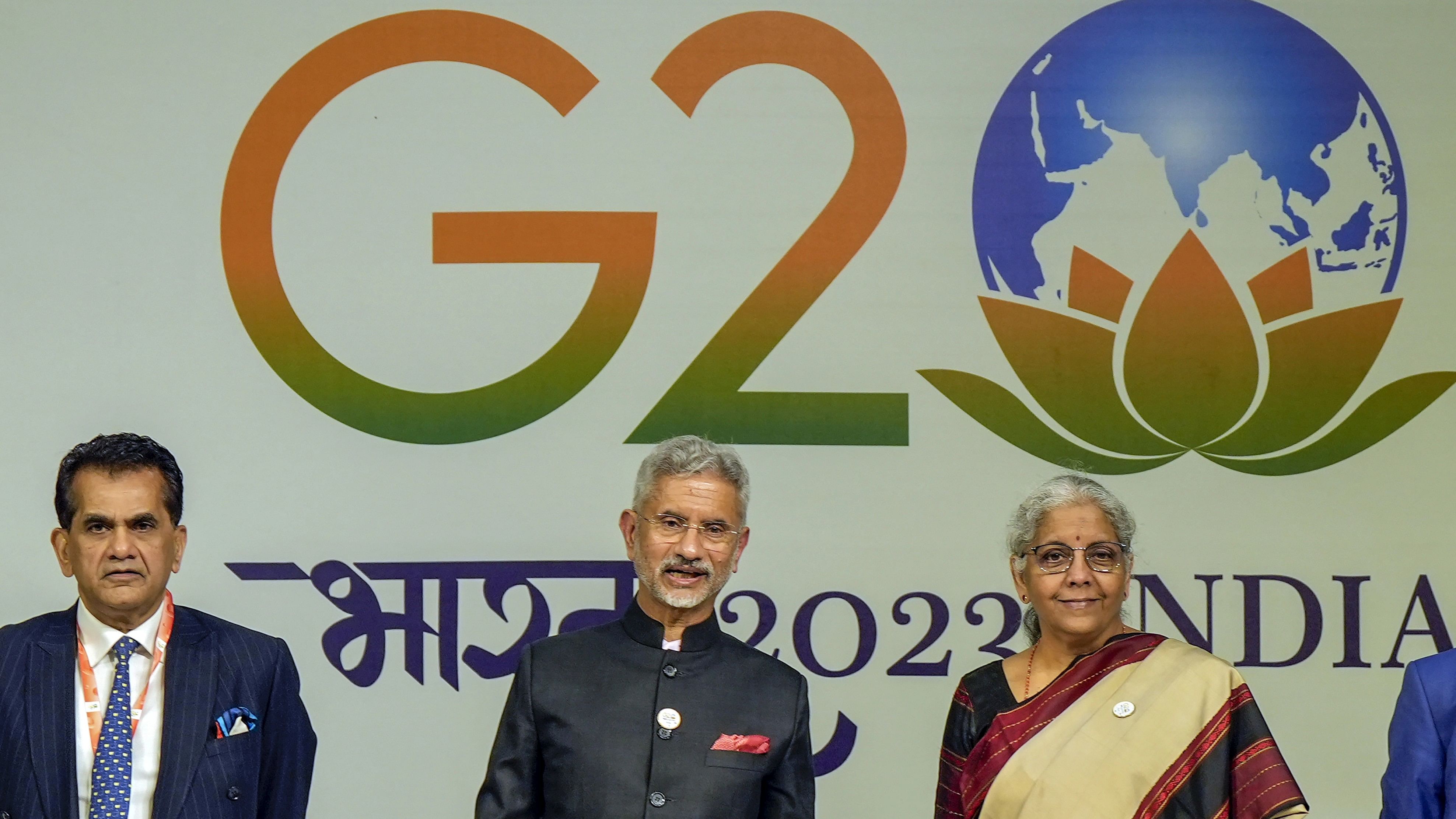 <div class="paragraphs"><p>External Affairs Minister S Jaishankar, Finance Minister Nirmala Sitharaman and G20 Sherpa Amitabh Kant during a press conference at the G20 Summit, in New Delhi. </p></div>