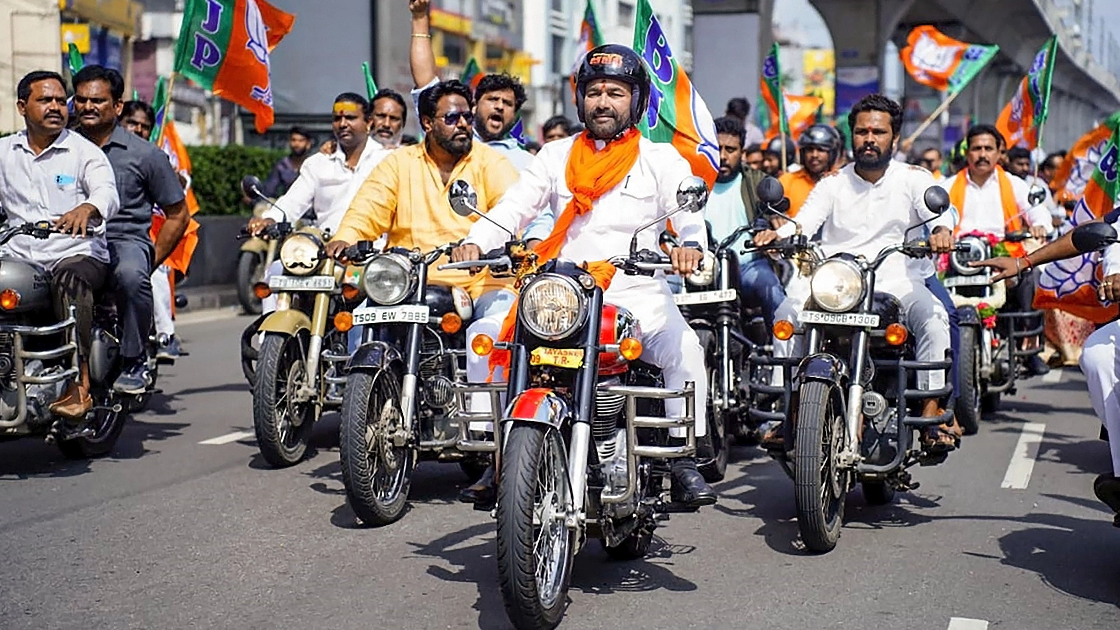 <div class="paragraphs"><p>Secunderabad: Union Minister and Telangana BJP chief G. Kishan Reddy during a bike rally organised to commemorate Hyderabad Liberation Day, in Secunderabad, Friday, Sept. 15, 2023. </p></div>