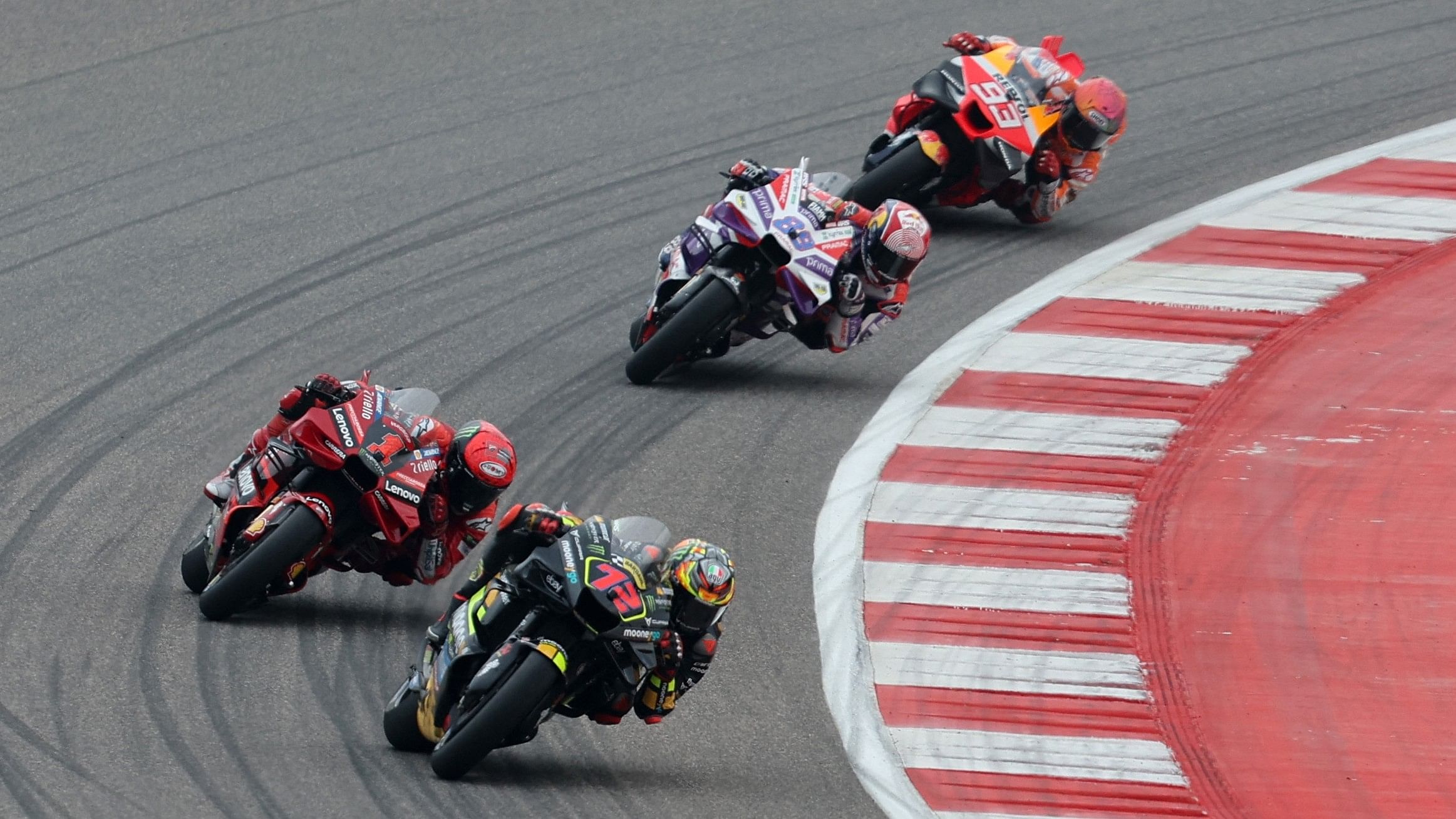 <div class="paragraphs"><p>MotoGP - Indian Grand Prix - Buddh International Circuit, Greater Noida, India - September 24, 2023 Mooney VR46 Racing Team's Marco Bezzecchi, Ducati Lenovo Team's Francesco Bagnaia and riders in action during the MotoGP.&nbsp;</p></div>