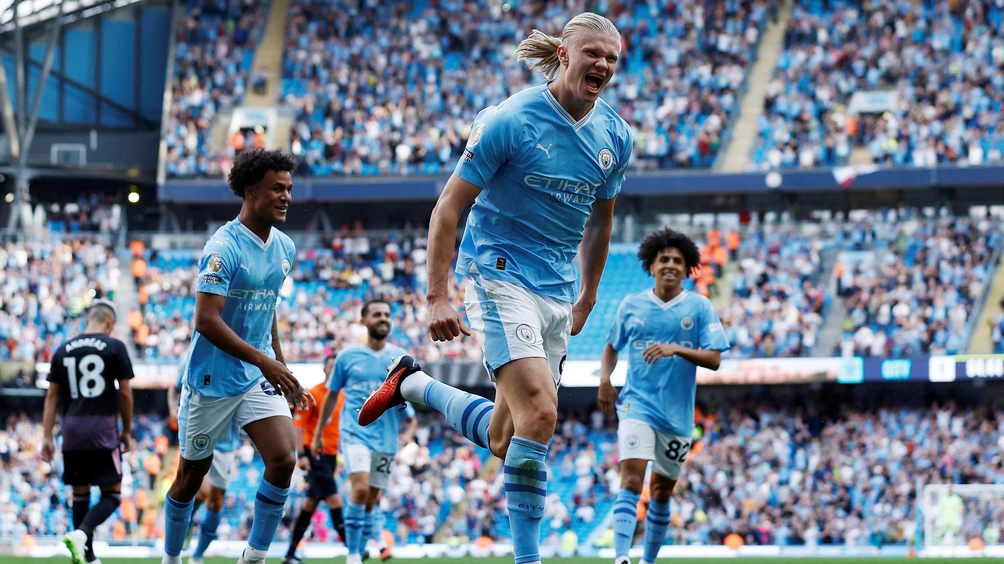 <div class="paragraphs"><p>Manchester City's Erling Braut Haaland celebrates scoring their fifth goal and his hat-trick.</p></div>