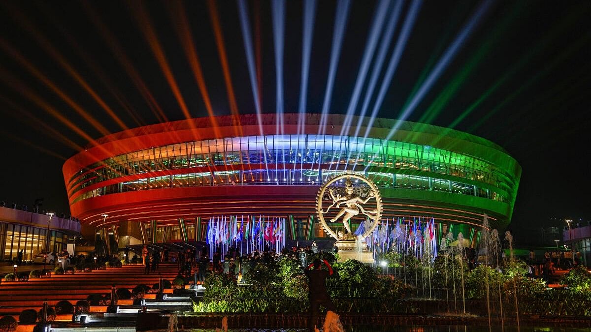 <div class="paragraphs"><p>Bharat Mandapam illuminated with colourful lights after the G20 Summit, in New Delhi, Sunday, Sept. 10, 2023.</p></div>