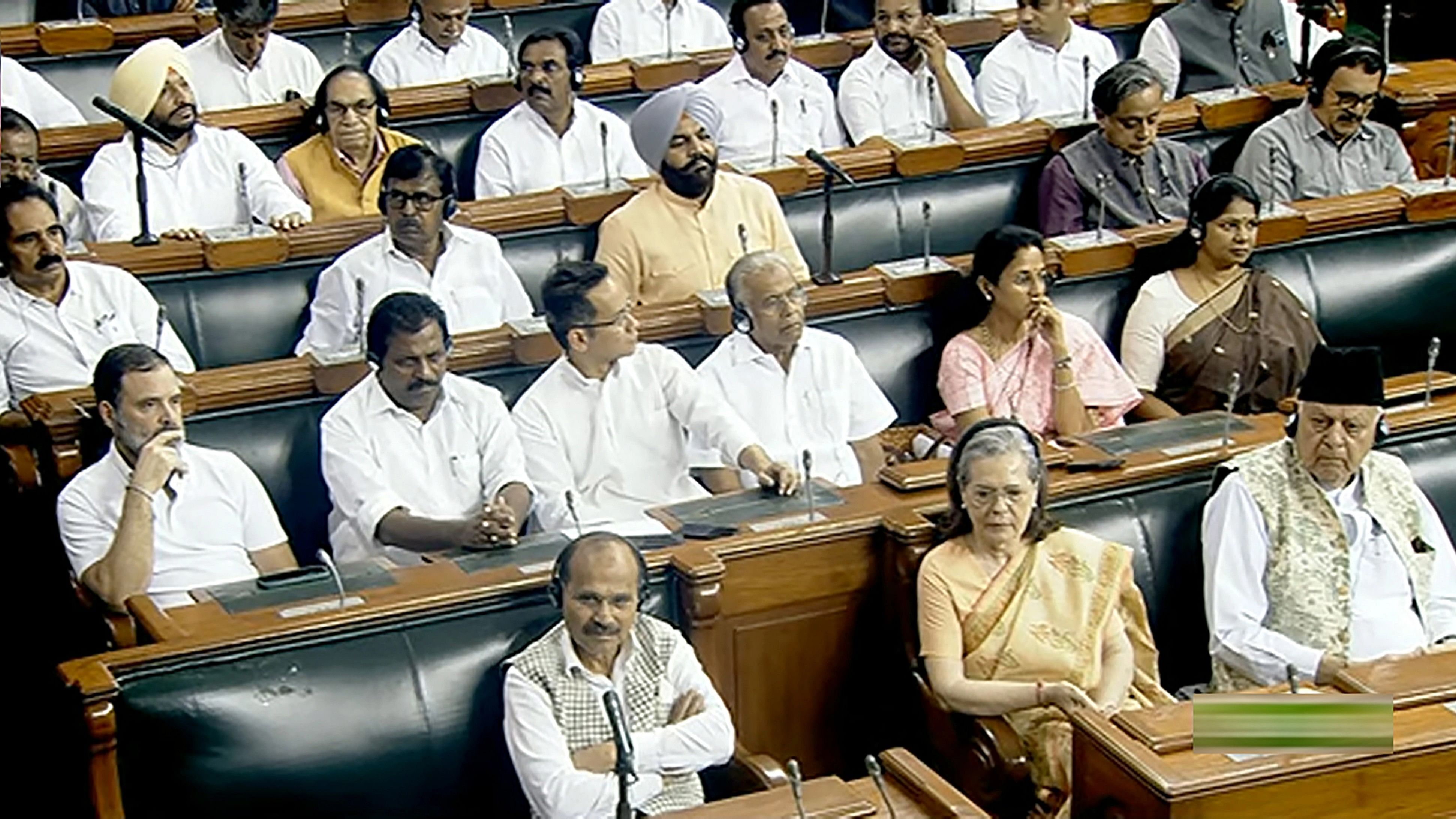 <div class="paragraphs"><p>Congress members Sonia Gandhi, Adhir Ranjan Chowdhury, National Conference leader Farooq Abdullah and other leaders in the Lok Sabha during the special session of Parliament, in New Delhi, Monday, Sept. 18, 2023. </p></div>