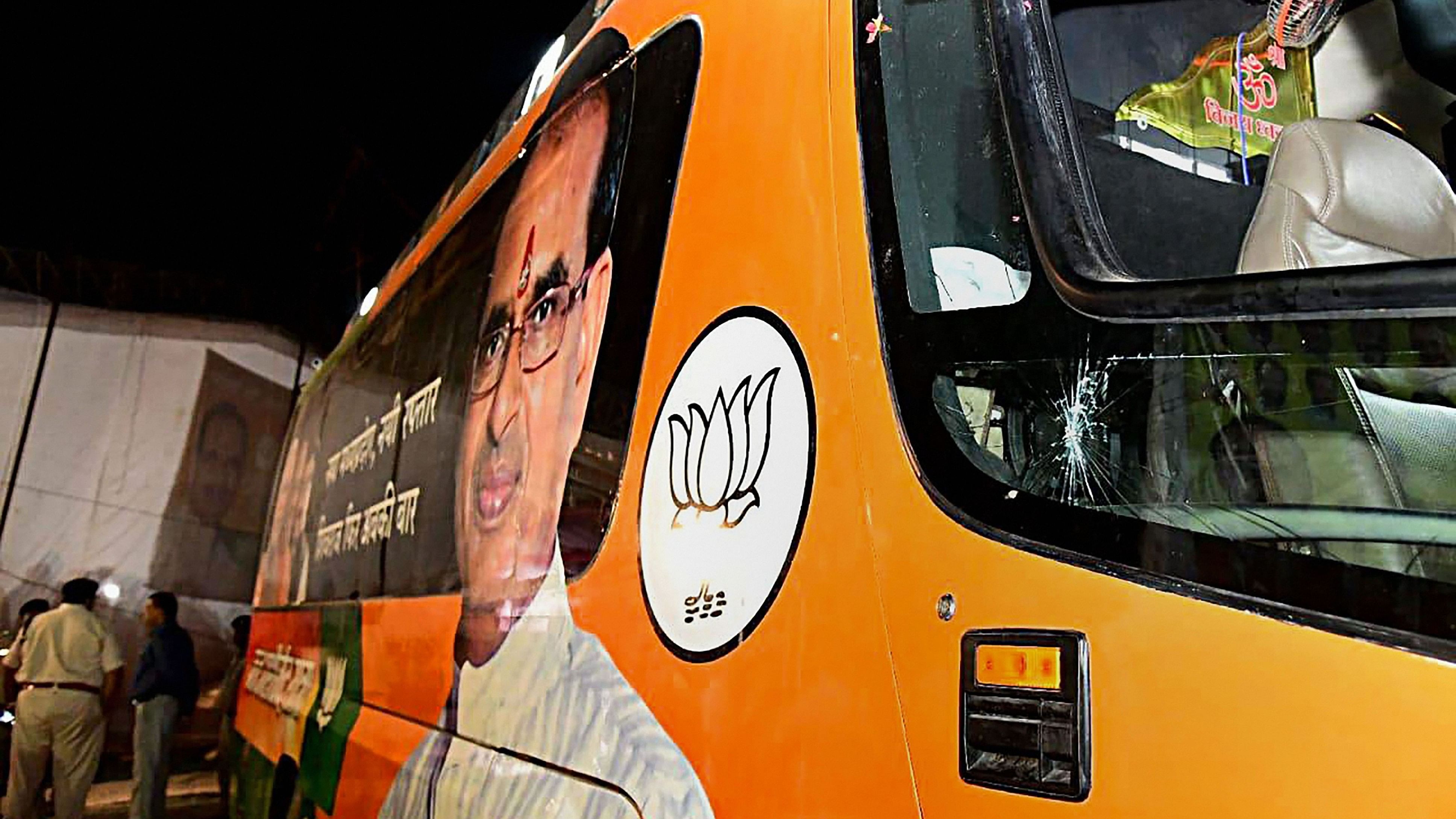 <div class="paragraphs"><p>A view of the damaged bus of Madhya Pradesh Chief Minister Shivraj Singh Chouhan after he was attacked on board during his 'Jan Ashirwad Yatra', in Sidhi on September 2, 2018. </p></div>