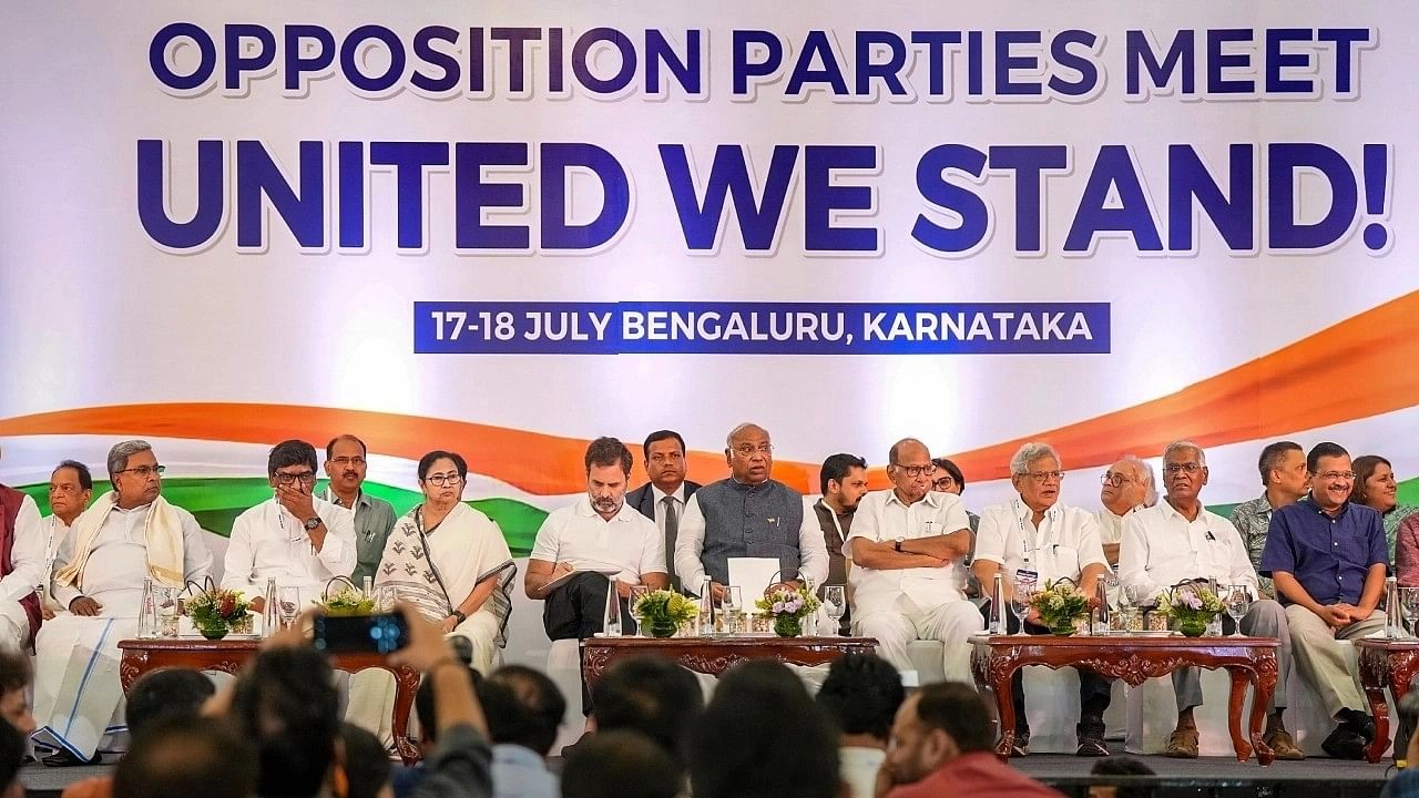 <div class="paragraphs"><p>Opposition leaders at a press conference in Bengaluru on July 18, where the Opposition parties named their new alliance I.N.D.I.A. </p></div>