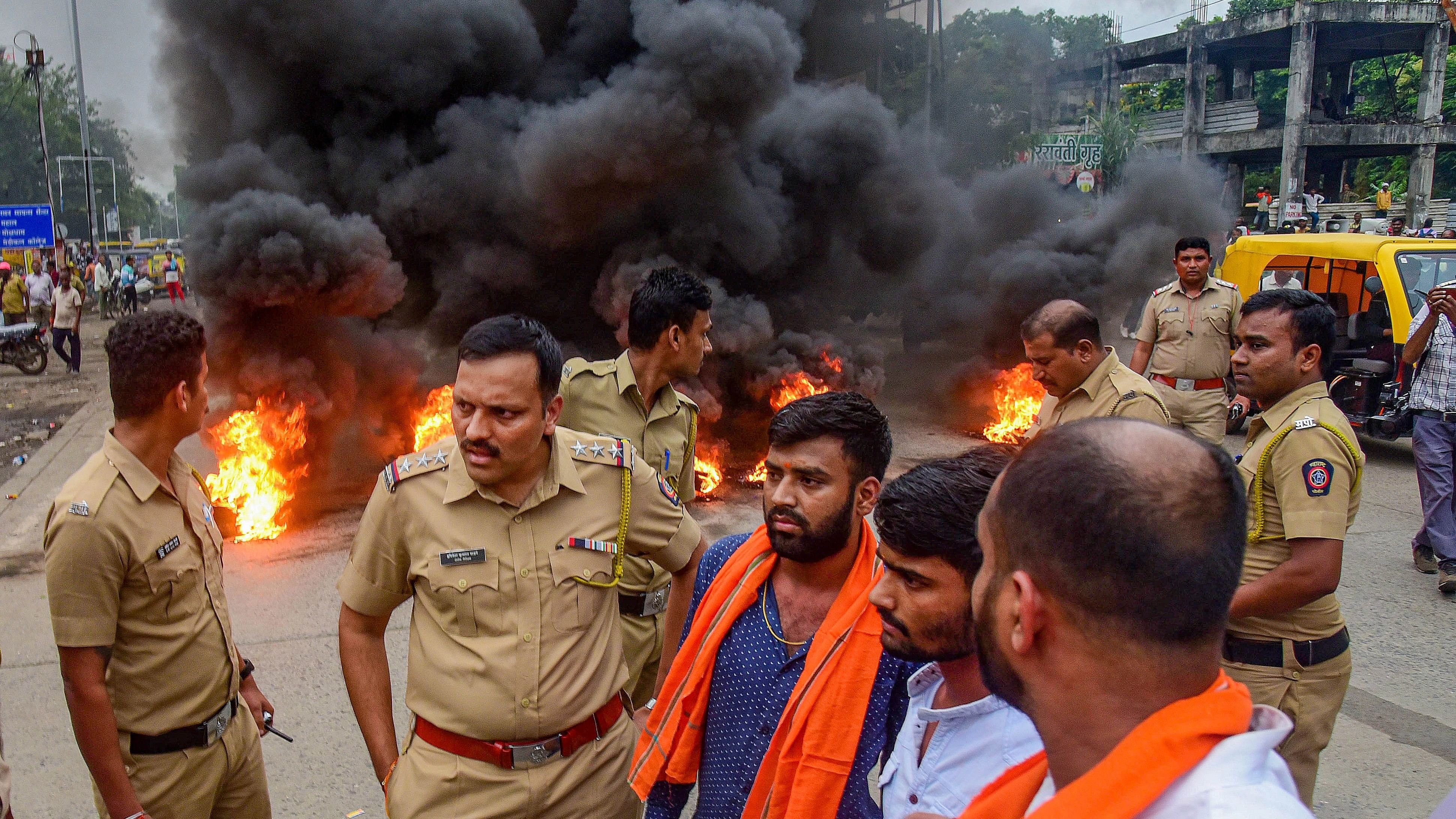 <div class="paragraphs"><p>Police at the spot after people from Maratha community staged a protest over the issue of Maratha reservation, in Nagpur, Thursday, Sept 7, 2023.</p></div>